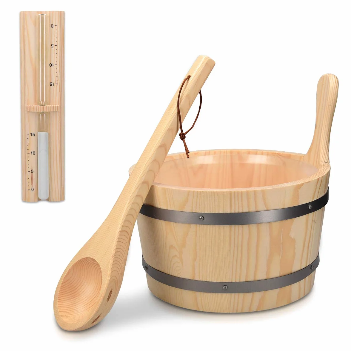 Navaris Kit d'accessoires de sauna - Seau 5L, louche en bois, sablier minuteur - Bois de pin