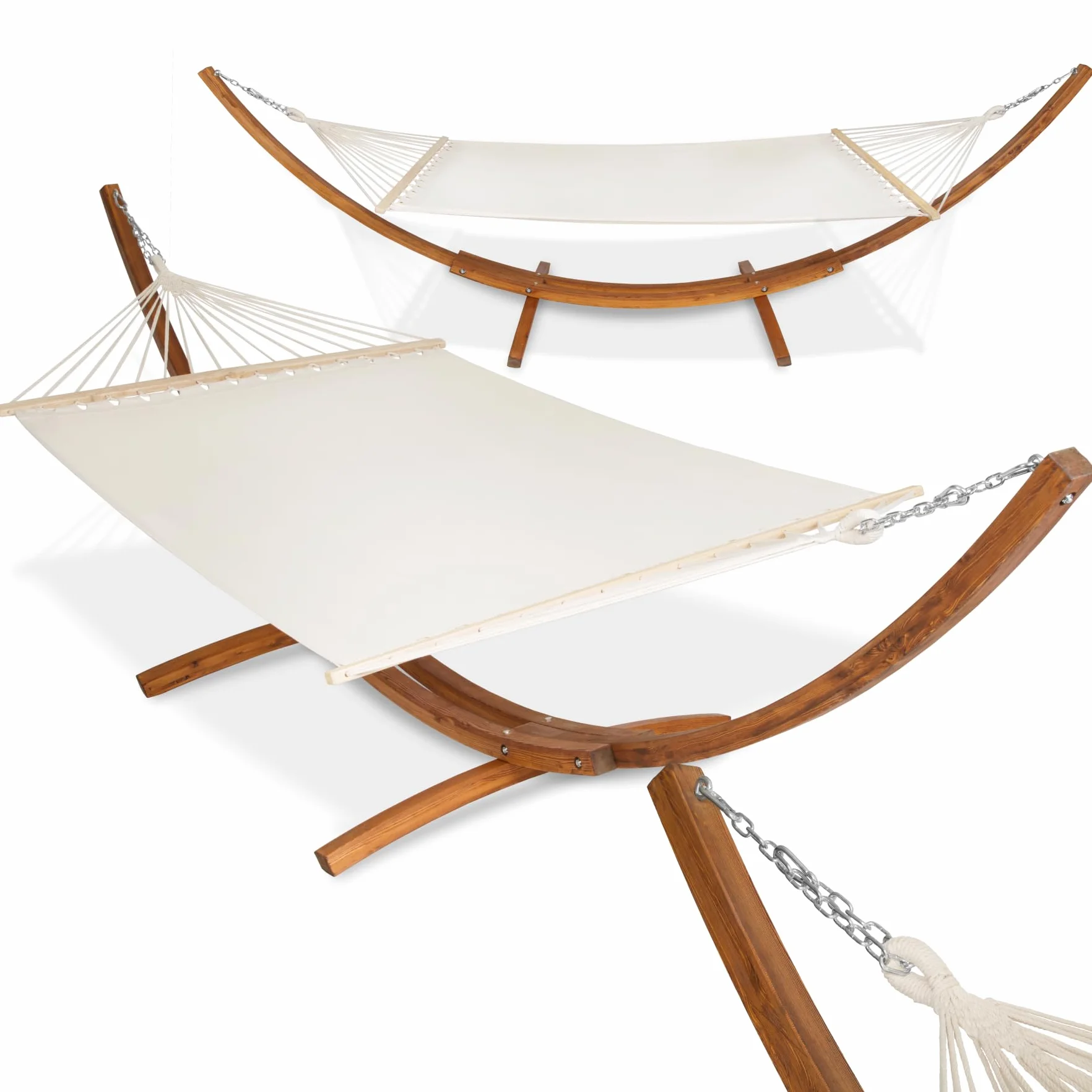 Hamac sur Pied XXL 2 Places Coton avec Support en Bois 415x150x124cm 200kg Couchage 205x150cm Ajustable pour Terrasse