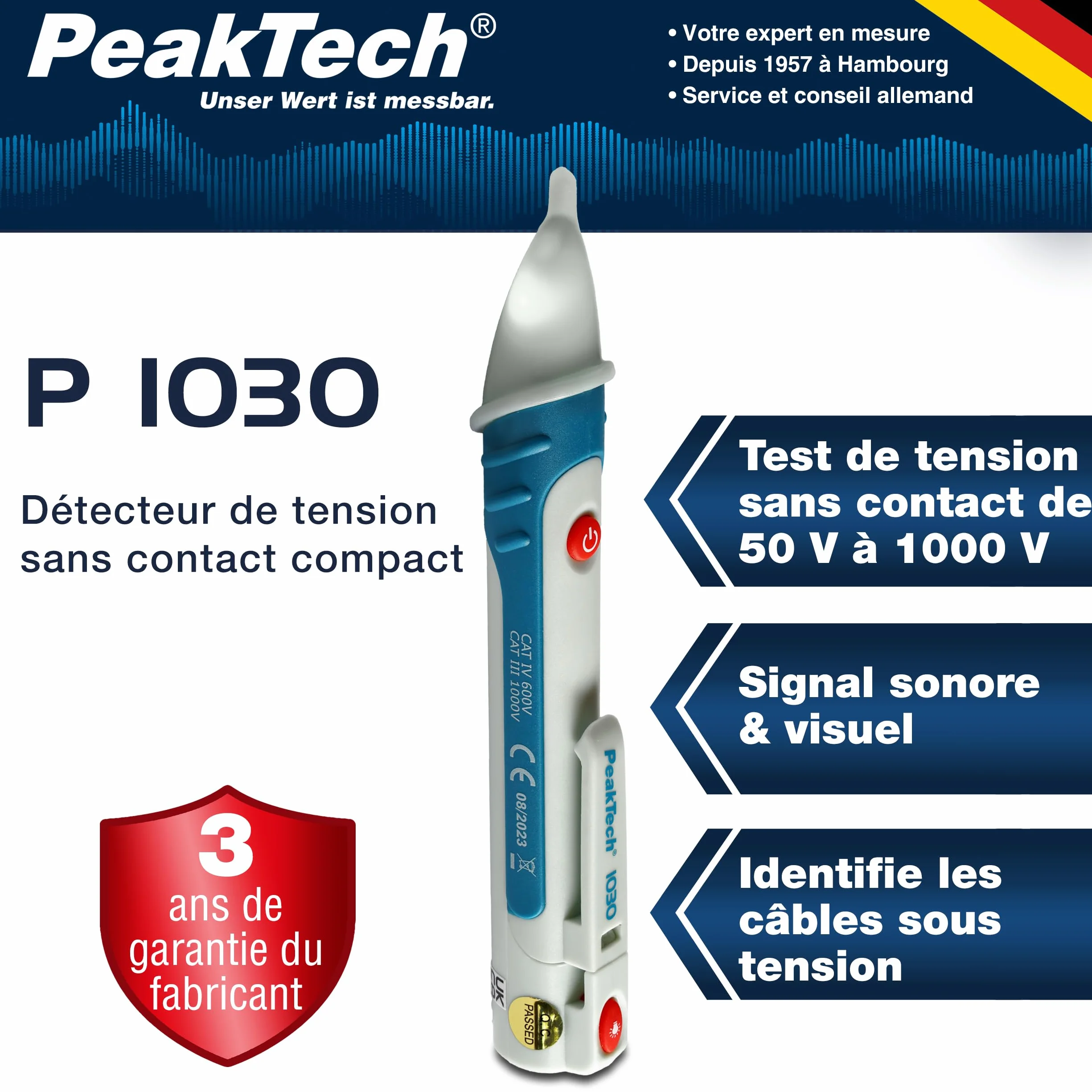 Peak Tech P 1030 Détecteur de Tension Alternative Sans Contact 50-1000 V AC Lampe LED Testeur Signal Acoustique Visuel 157x26 mm