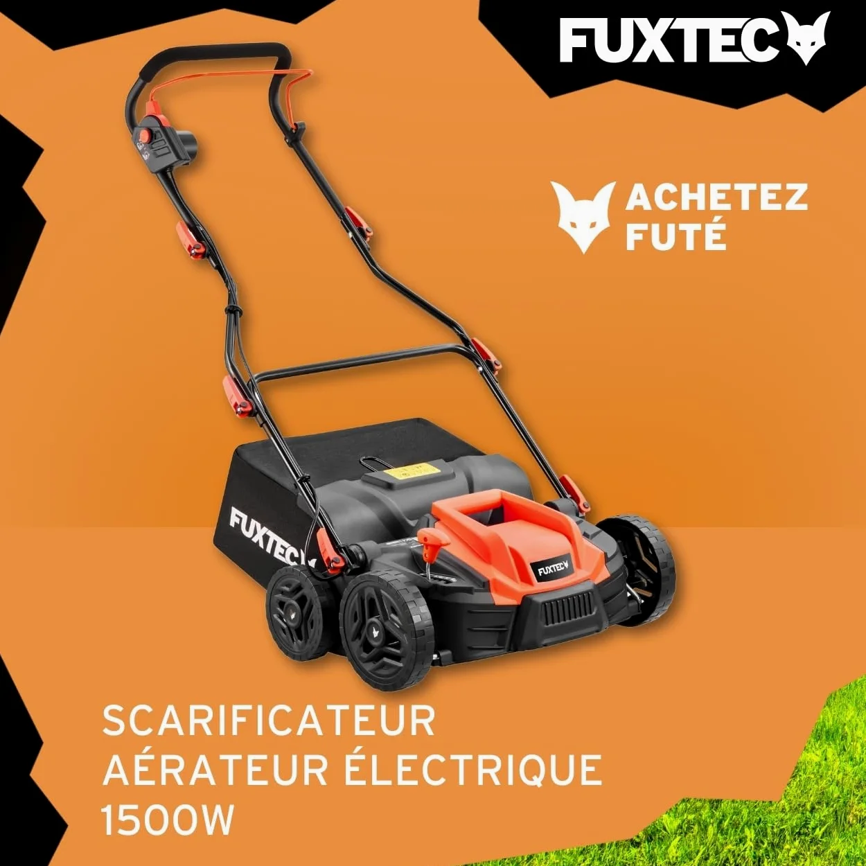 FUXTEC Scarificateur électrique FX-EV360, aérateur de gazon avec 1500 watts de puissance, largeur de travail 36 cm et réglage de la profondeur sur 5 niveaux, bac de ramassage 45 L