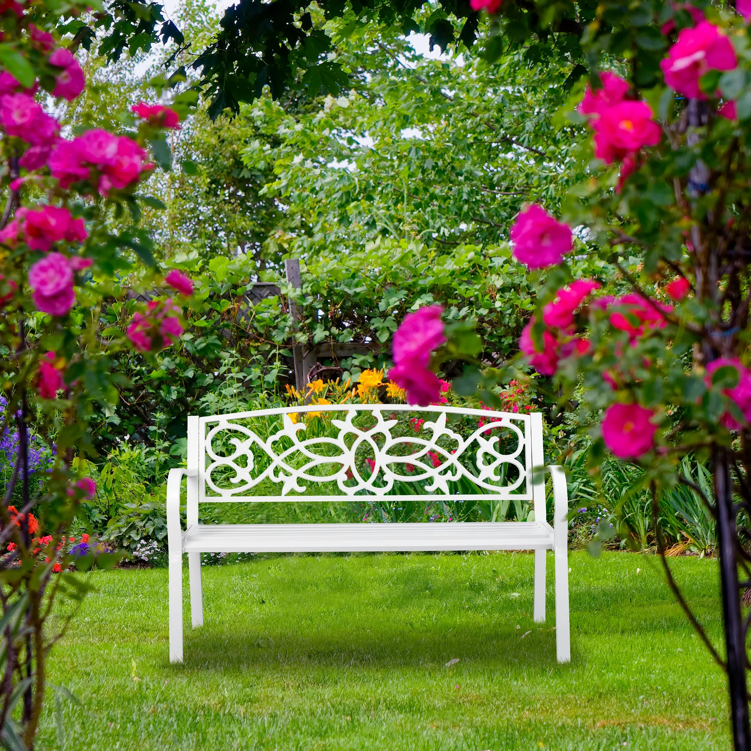 Relaxdays Banc de Jardin, nostalgique, 2 Places, résistant aux intempéries, Fonte et Acier, HLP: 78x124,5x58 cm, Blanc
