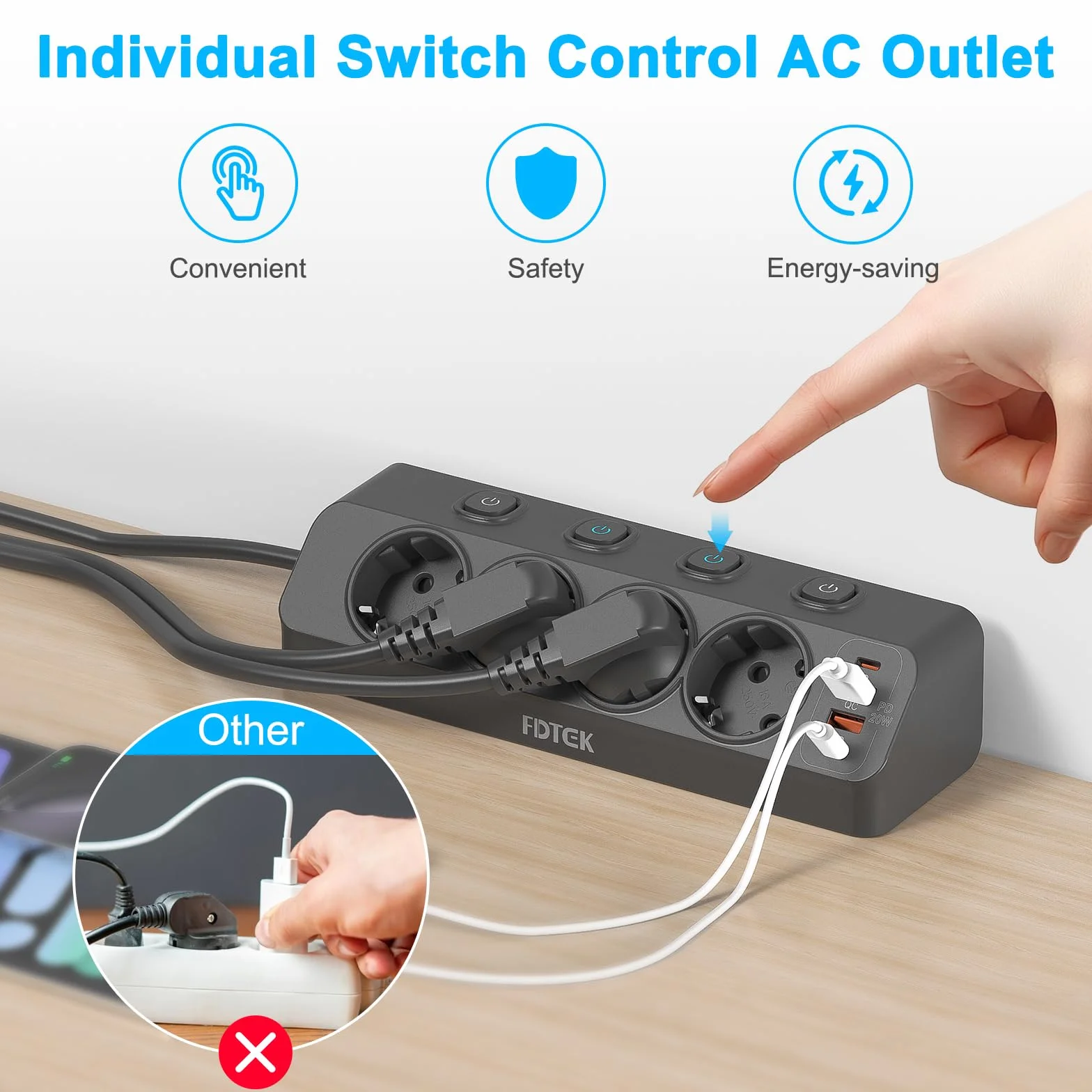 FDTEK Multiprise d'angle 4 Prises 2 USB C 2 USB A PD 20W Protection Surtensions Câble 2M