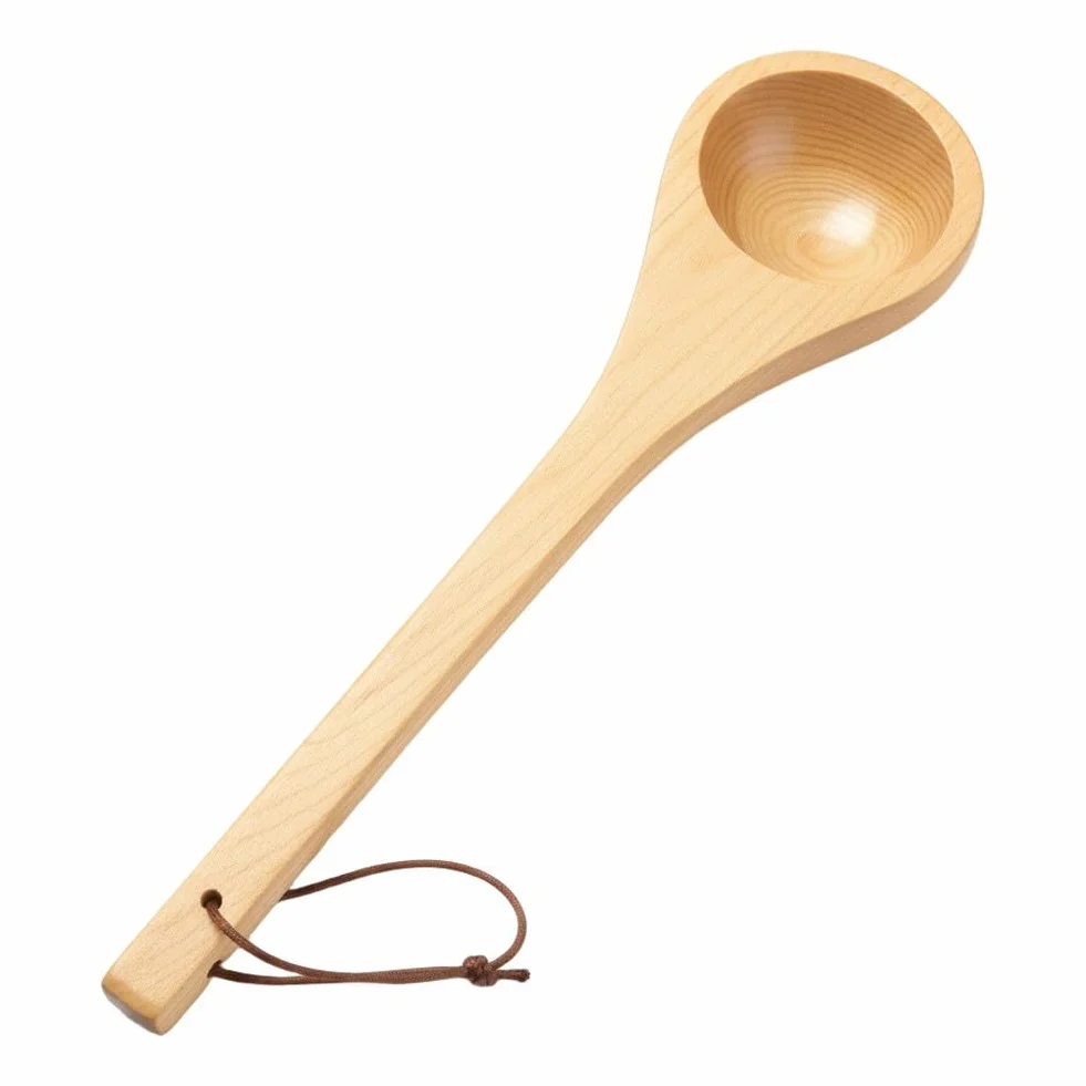 Louche de sauna en cèdre thermostable avec bords arrondis et bec conique