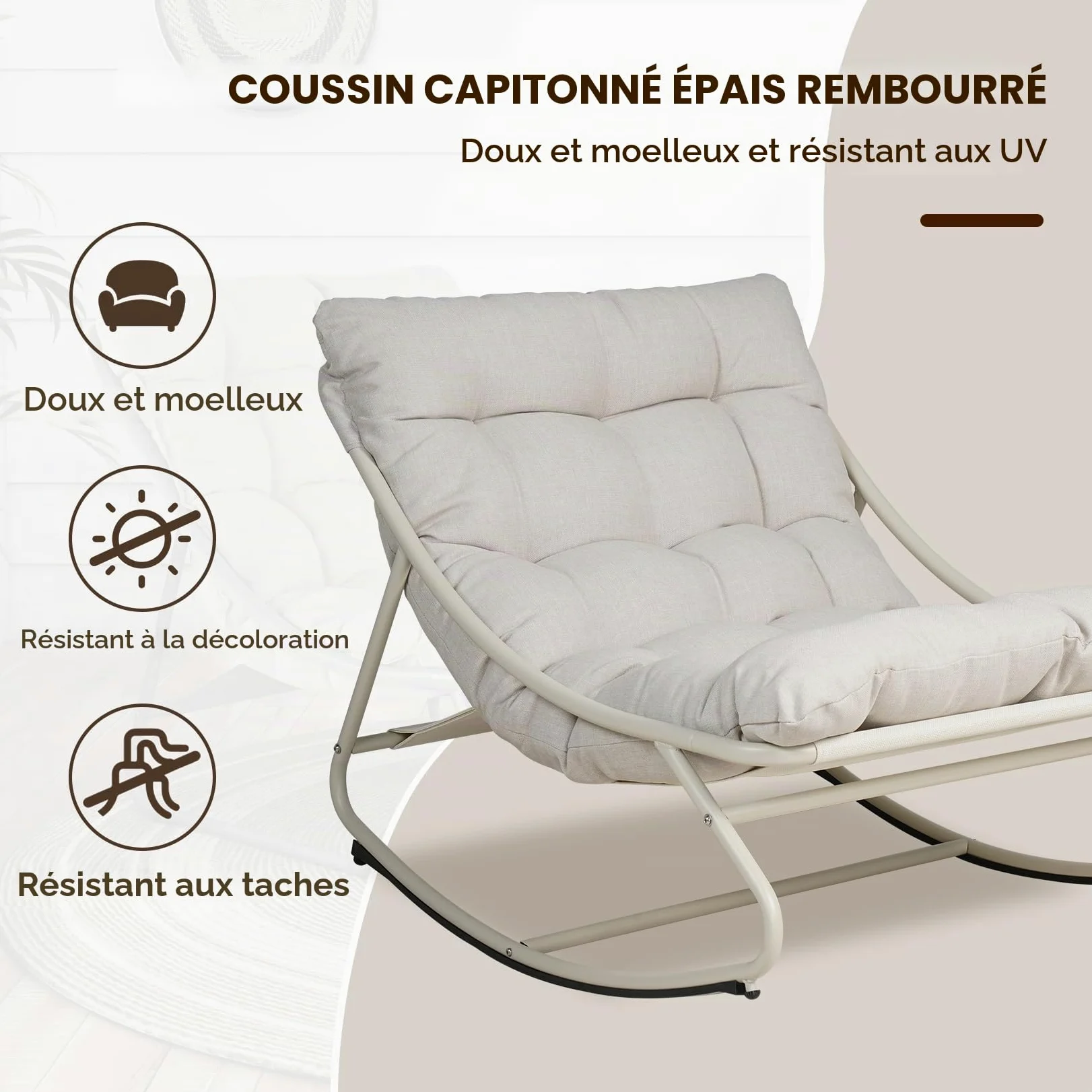 Grand patio Fauteuil à Bascule d’Extérieur avec Coussin – Chaise Relax Ergonomique en Métal, Résistante aux Intempéries, pour Jardin, Terrasse, Balcon & Salon, Jusqu’à 150 kg –Blanc Cassé