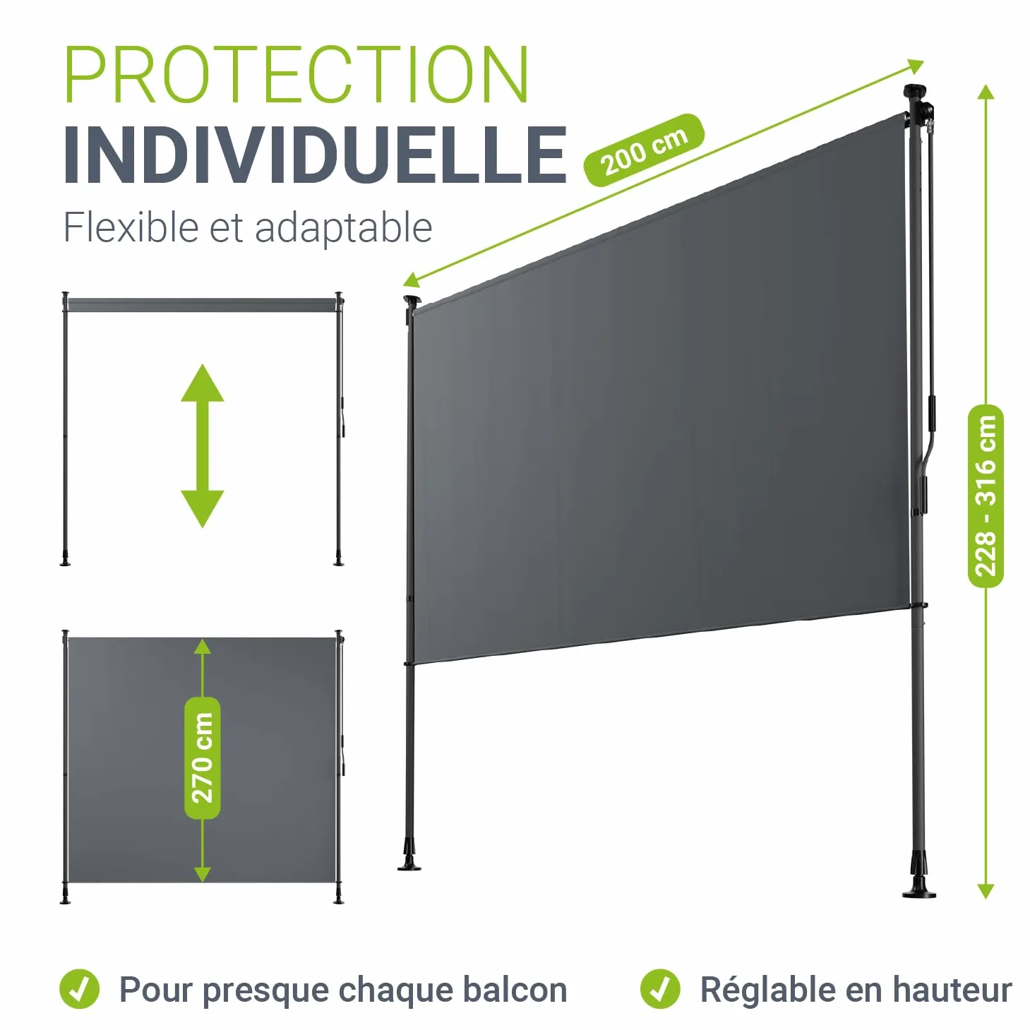 Juskys Store Vertical Barbados 200x310 cm - Store à Pince Extensible, Protection Solaire & Visuelle, Résistant aux Intempéries & UV, Déperlant - Gris