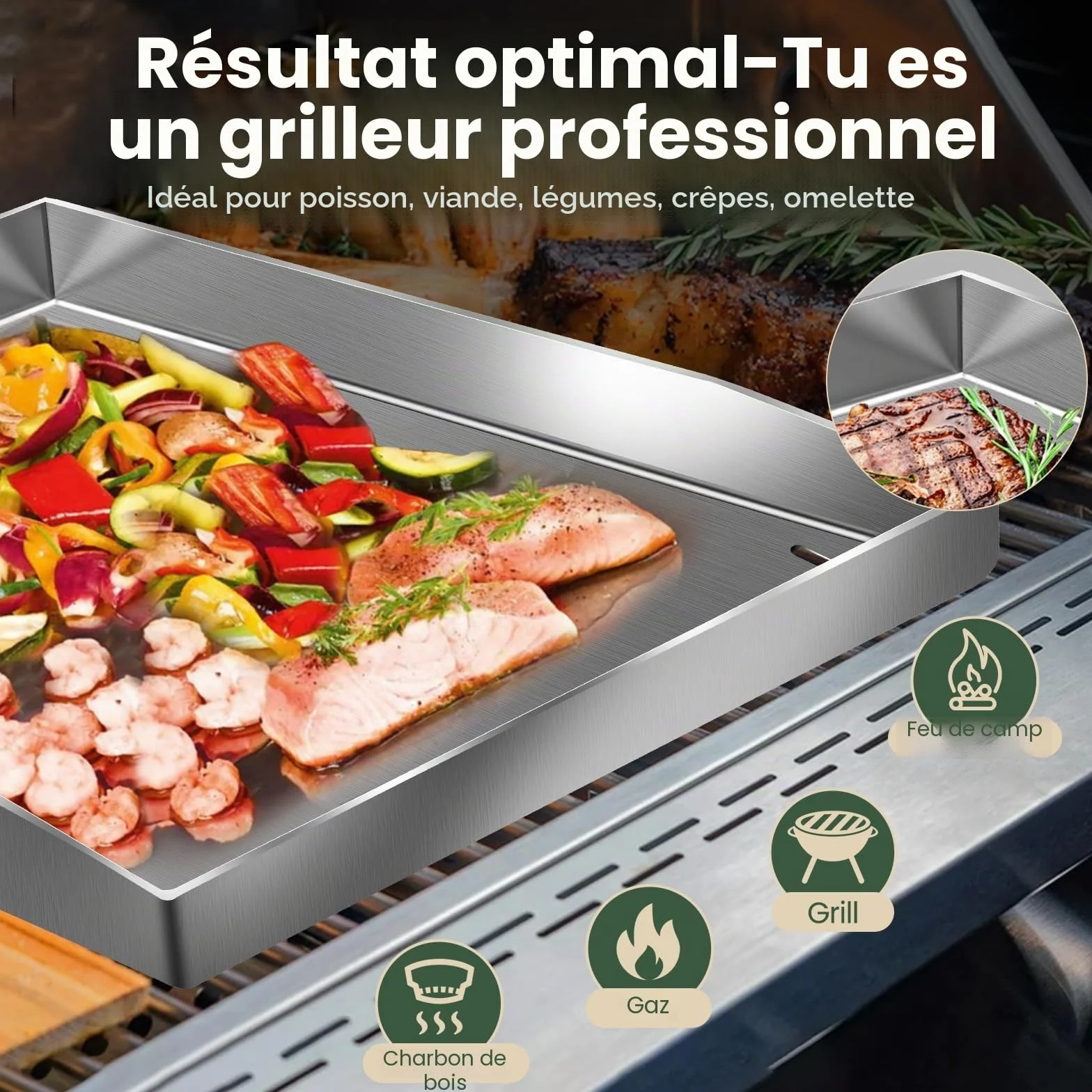 Lot plancha acier inoxydable massif 4 mm 30 x 40 cm pour barbecue gaz charbon avec spatule