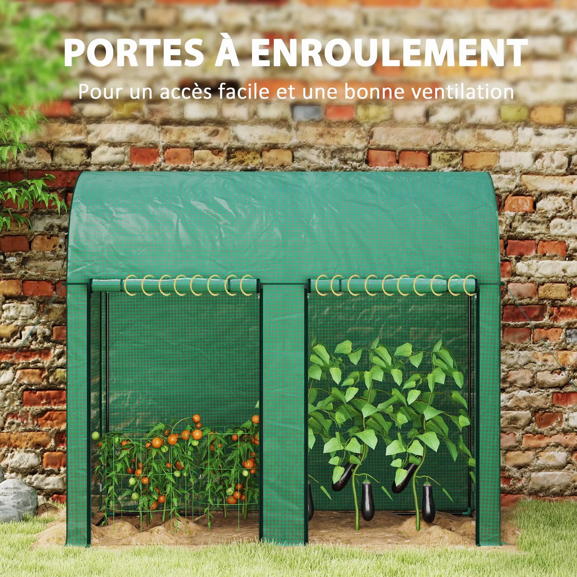 Outsunny Serre de Jardin PE, Serre de Balcon, bâche renforcée 140 g/m², châssis en Acier, 2 Portes zippées enroulables, pour légumes Plantes Fleurs, intérieur et extérieur, 200 x 100 x 178 cm, Vert