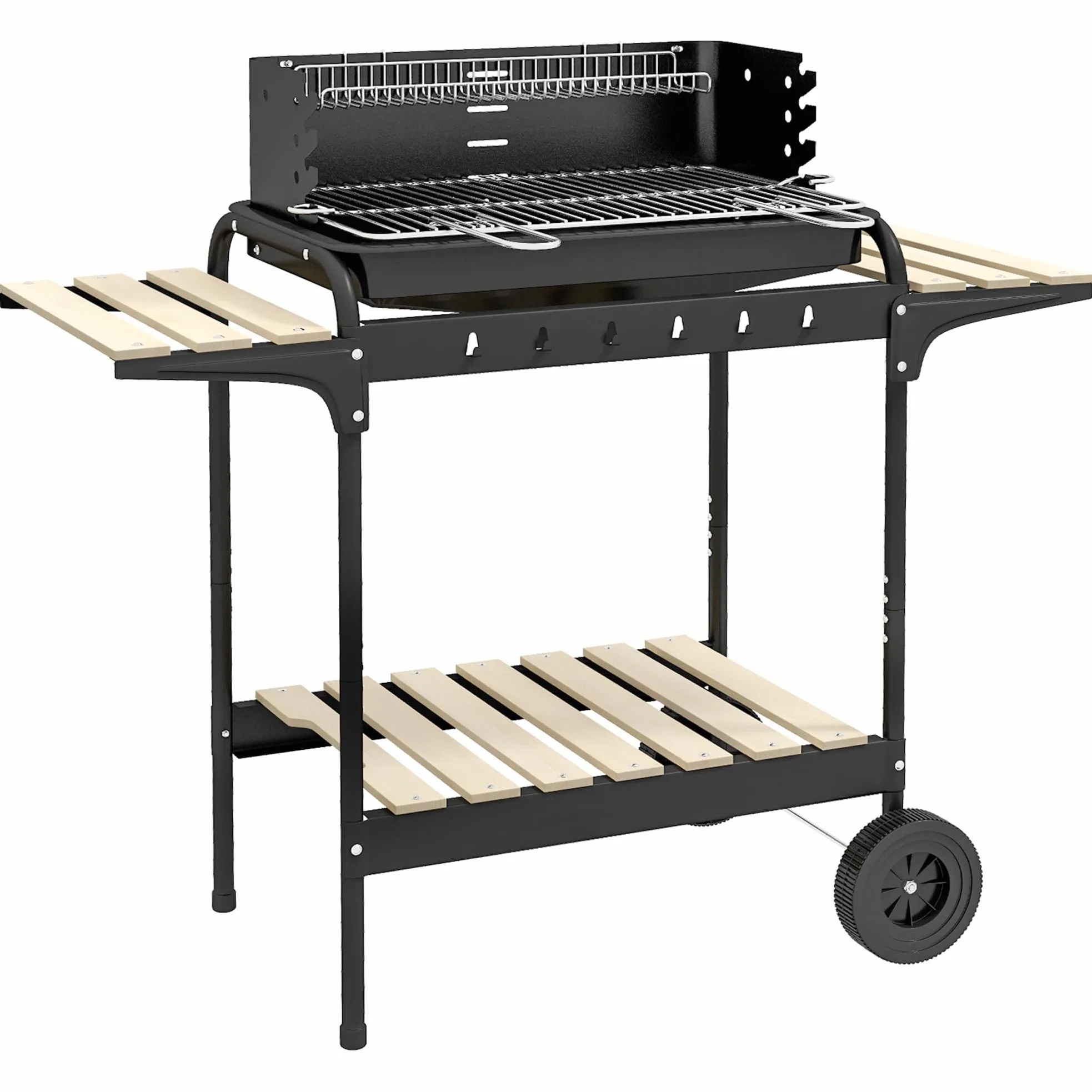 Outsunny Barbecue à Charbon BBQ Grill sur Pied avec Gril Réglable 2 Roues et 3 Étagères Récupérateur de Cendres 103 x 47 x 95 cm Noir
