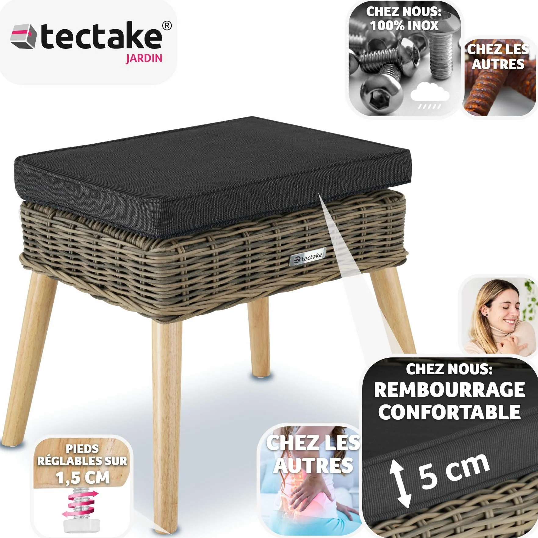 Tabouret Repose Pied Pouf Salon Extérieur Rotin Bois Coussin Imperméable Lavable Balcon Terrasse