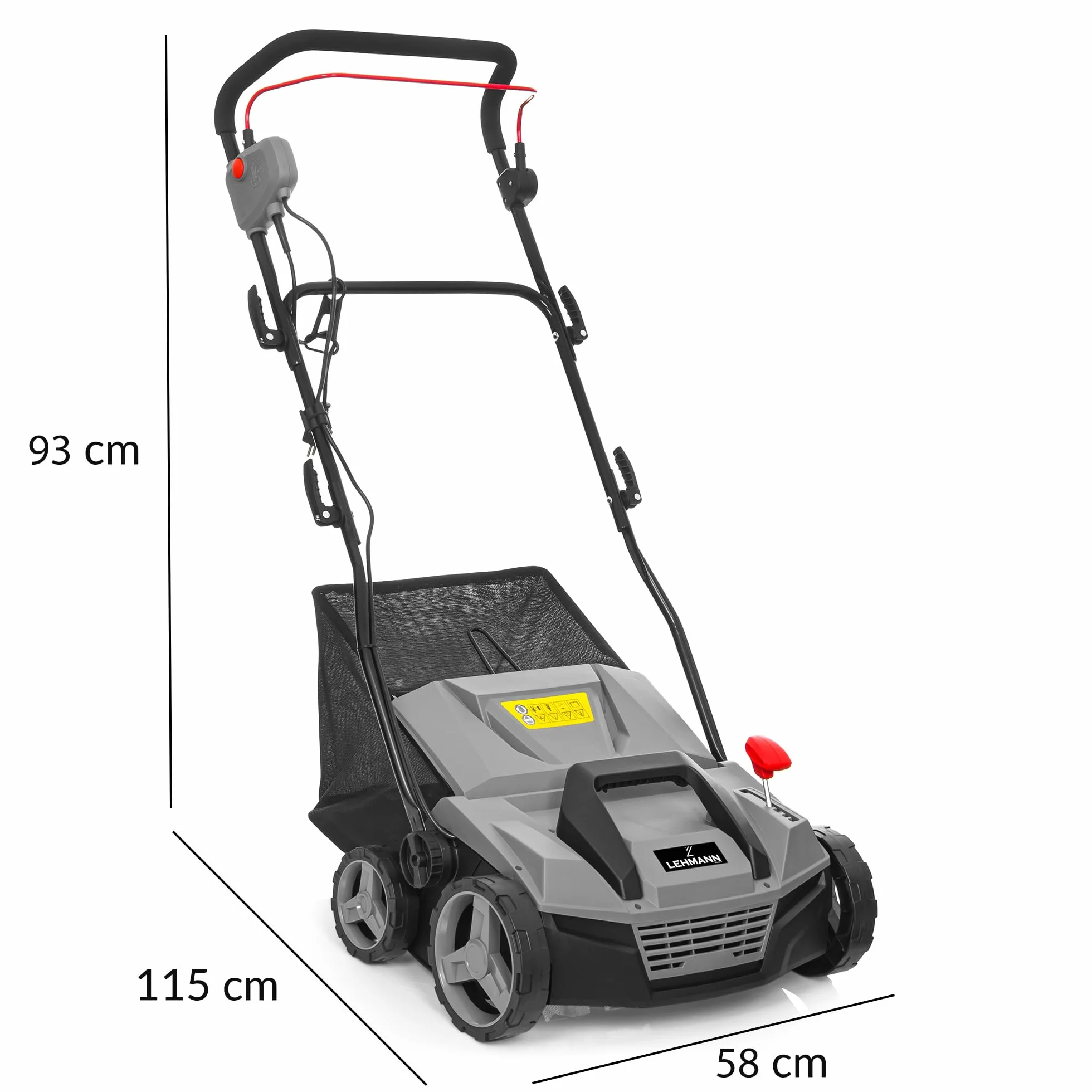 LEHMANN Scarificateur Électrique 2-en-1, 1800 W, Largeur de Travail 38 cm, Réglage de Profondeur sur 5 Niveaux, 3500 TR/Min, Bac 48 L, Rouleaux à 20 Lames et d’Aération, Gris