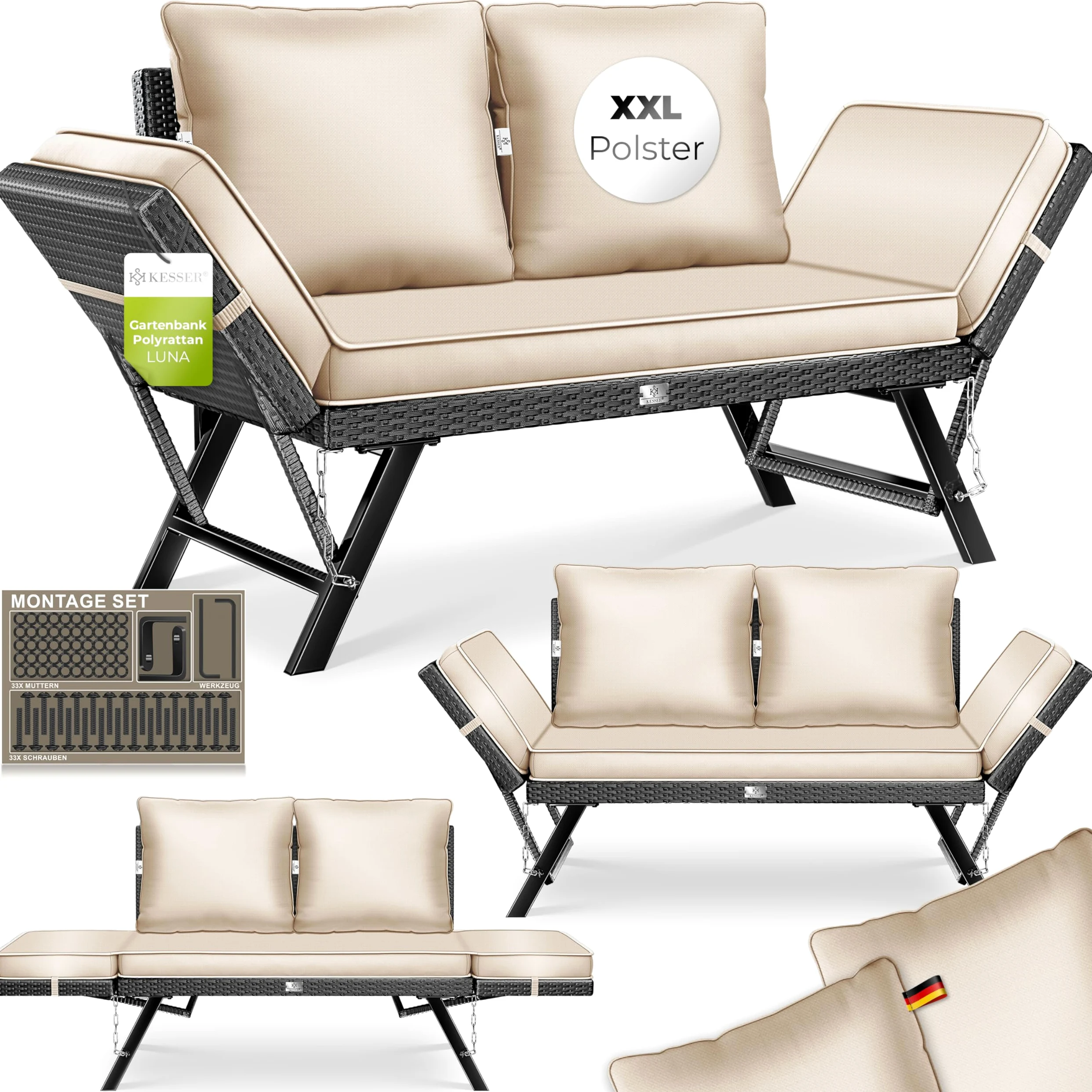 KESSER® Luna Banc de jardin en polyrotin avec fonction allongée, 4 en 1, résistant aux intempéries, canapé de balcon, canapé réglable, accoudoirs réglables, rembourrage extra épais