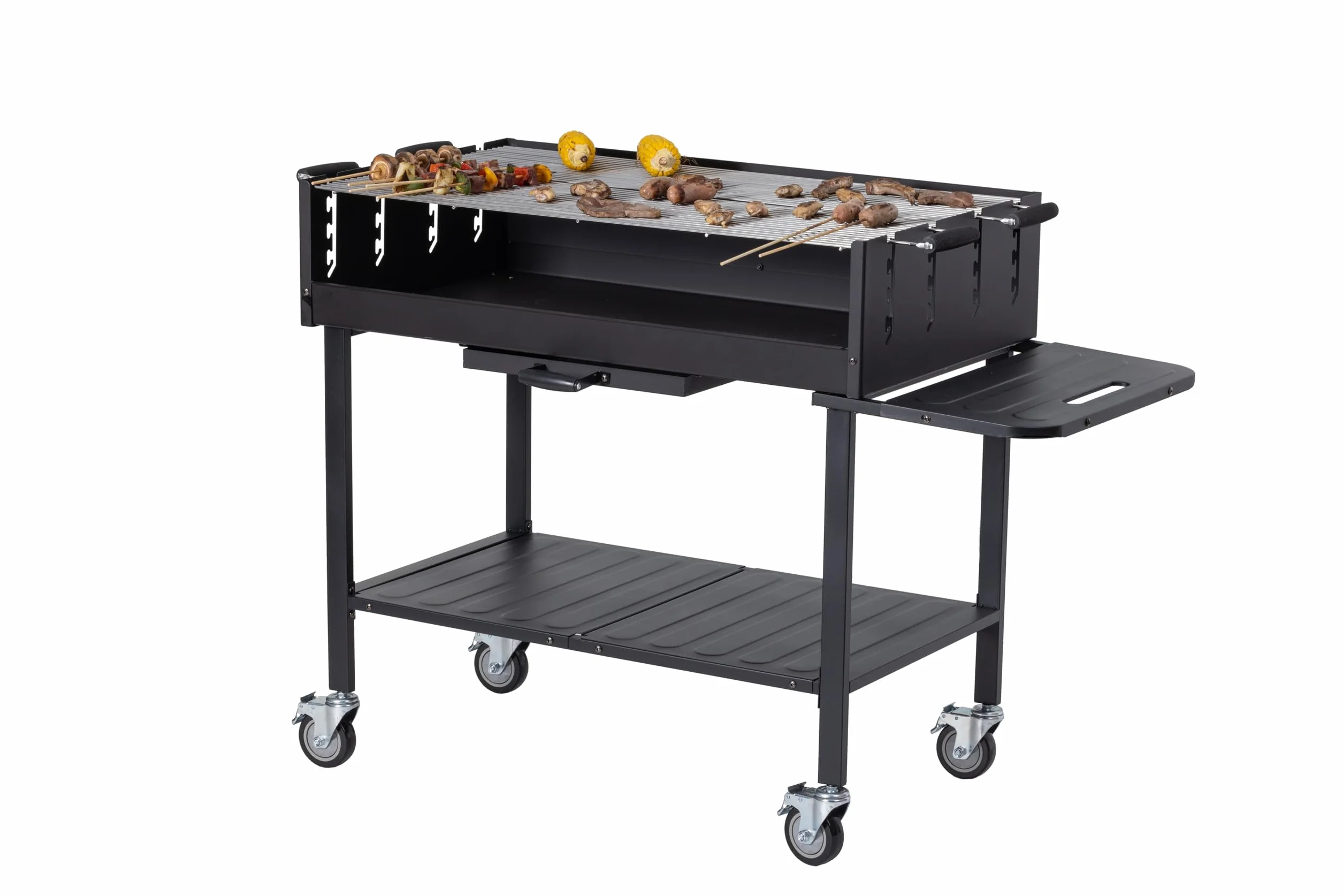 METRO Professional Barbecue DELUXE au charbon de bois sur roulettes, 137 x 68 x 94 cm, housse de protection et tablette, acier/inox, noir