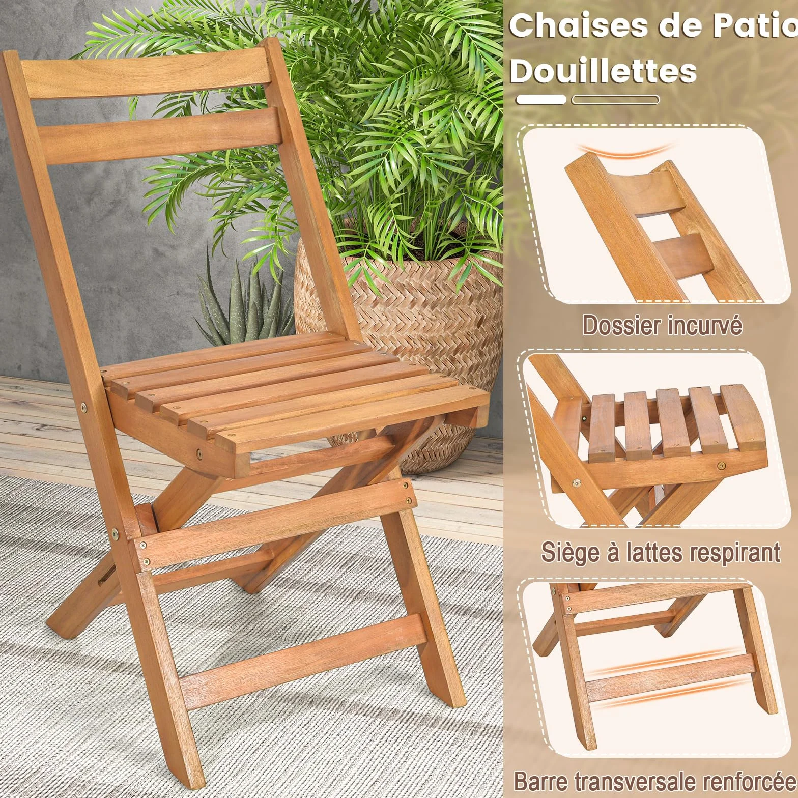 Giantex Table de Jardin Exterieur avec Chaise, 1 Table Ronde et 2 Chaises Bois d'Acacia avec Dossiers, Ensemble Meuble Extérieur, Salon de Jardin 2 Personnes, Table et Chasie Pliantes pour Balcon