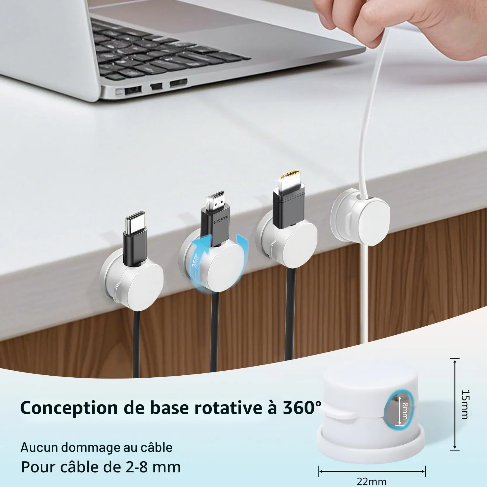 Lot de 8 supports de câbles rotatifs à 360° organisateur de cordons à ressort gestion des fils de bureau