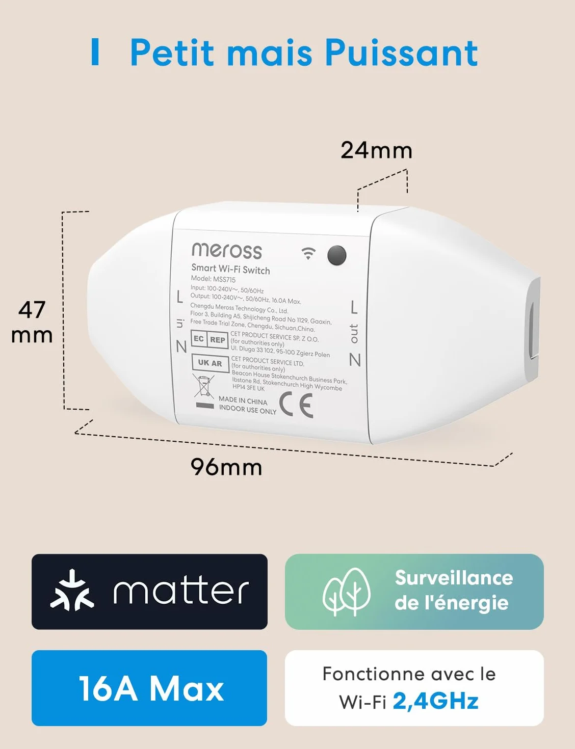 Meross Interrupteur Connecté Matter 16A WiFi Suivi Consommation Énergie Compatible Apple Home Alexa Google Home