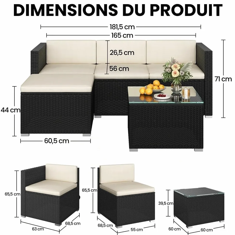 Yaheetech Salon de Jardin Exterieur 4 Personnes en Polyrotin Ensemble Mobilier de Jardin 5 Pièces avec 3 Canapé Modulables 1 Table Basse 1 Ottomane pour Balcon Bistro Patio Terrasse Noir/Beige