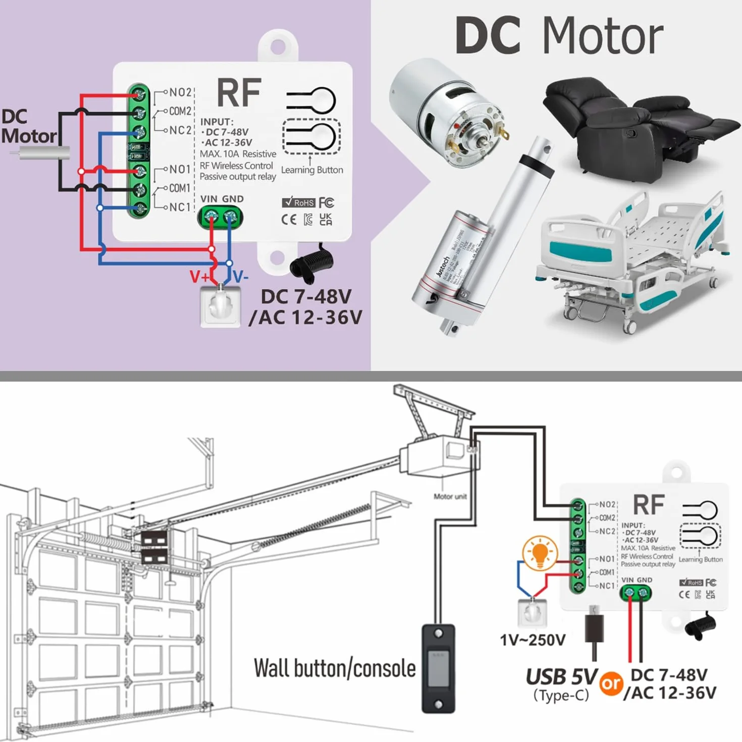 433MHz Commutateur Sans Fil 2 Canaux DC 7-48V AC 12-36V 10A Relais Récepteur avec 2 Émetteurs
