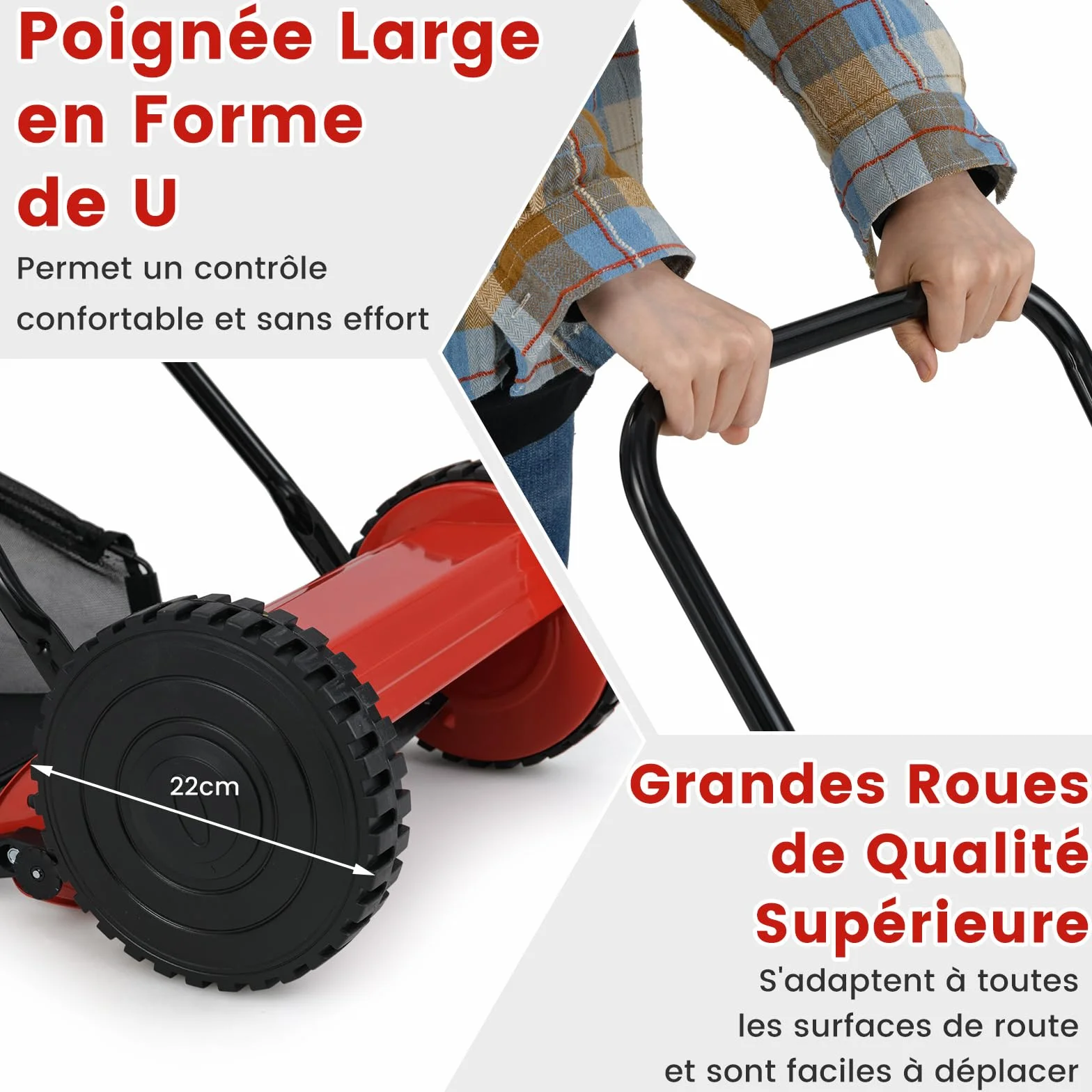GOPLUS Tondeuse à Gazon Manuelle 18,5L Sac de Ramassage Lame Tranchante Coupe Hauteur Réglable