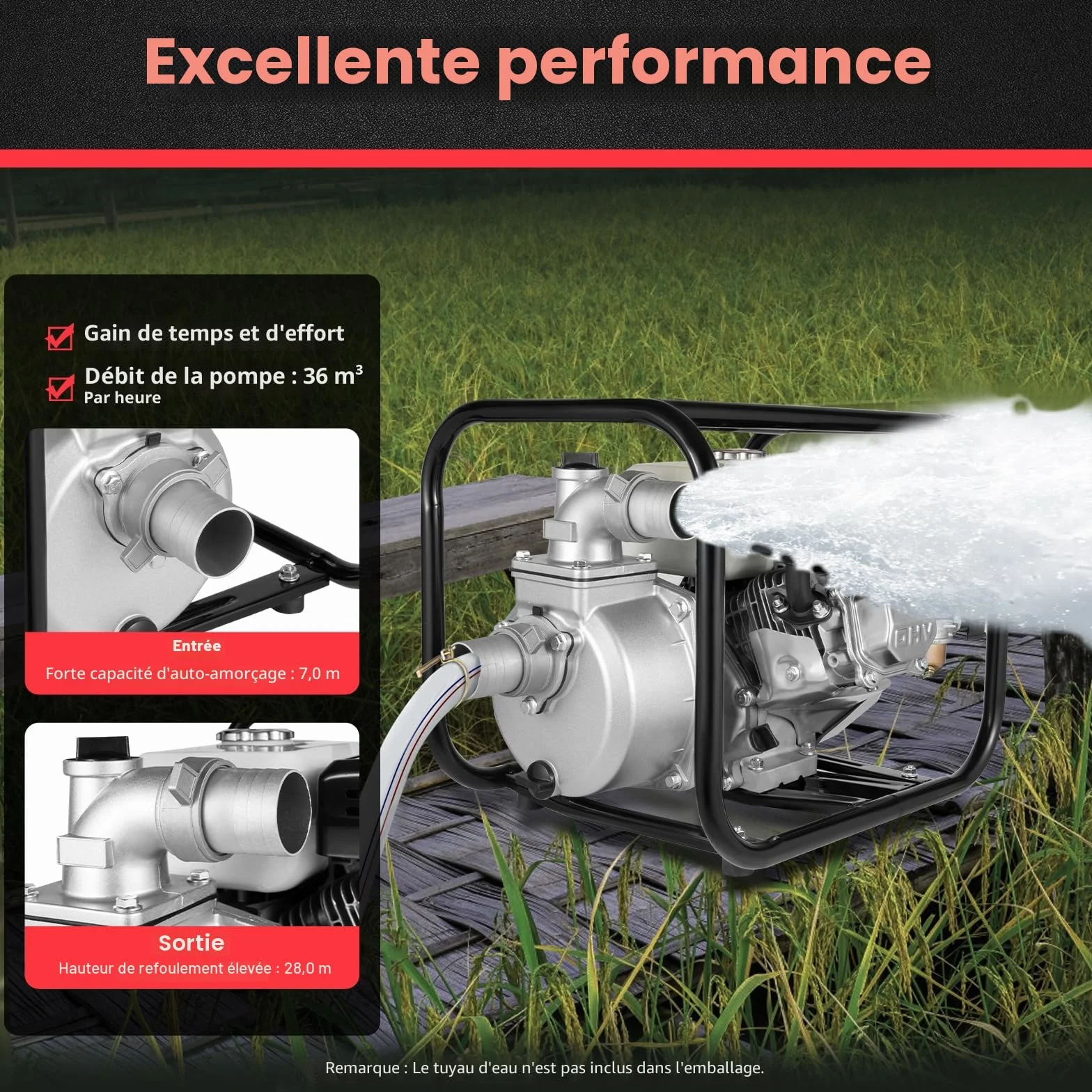 Pompe à eau à essence Moteur 4 temps 6,5 CV 210 CC 4,8 kW Motopompe eaux usées Raccord 2 pouces Hauteur refoulement 28 m Débit 36000 l/h