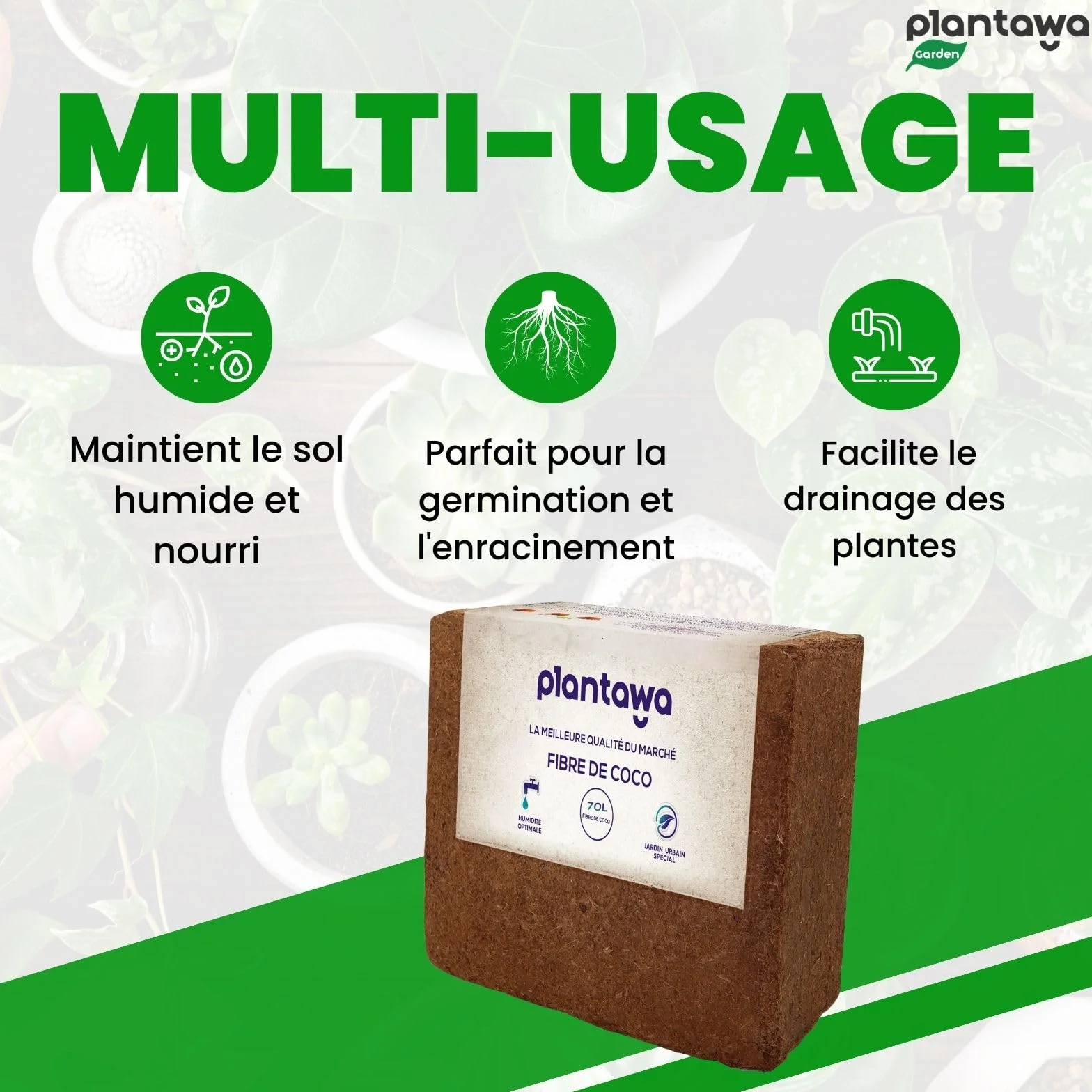PLANTAWA Fibre de Coco Organique Bloc 5 kg 70 l – Brique compacte – Terre pour Plantes – Utilisation de Potager Urbain terriaire pour Plantes extérieures Turba pour Pots de Fleurs