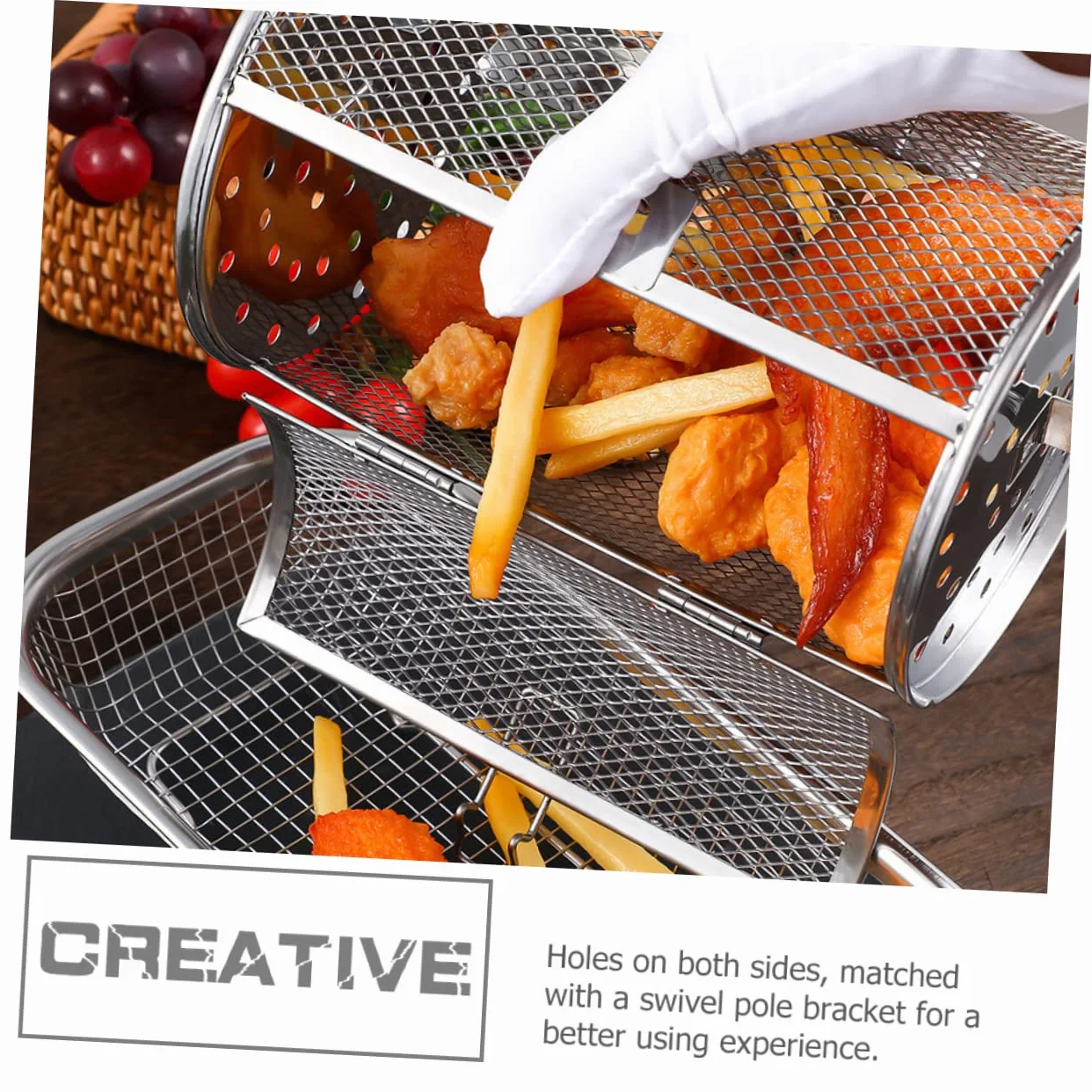 Yardwe Panier De Four À Tambour En Acier Inoxydable 25X14X14Cm Cage De Rôtissoire Rotative Accessoire De Cuisson Pour Barbecue Et Friteuse À Air