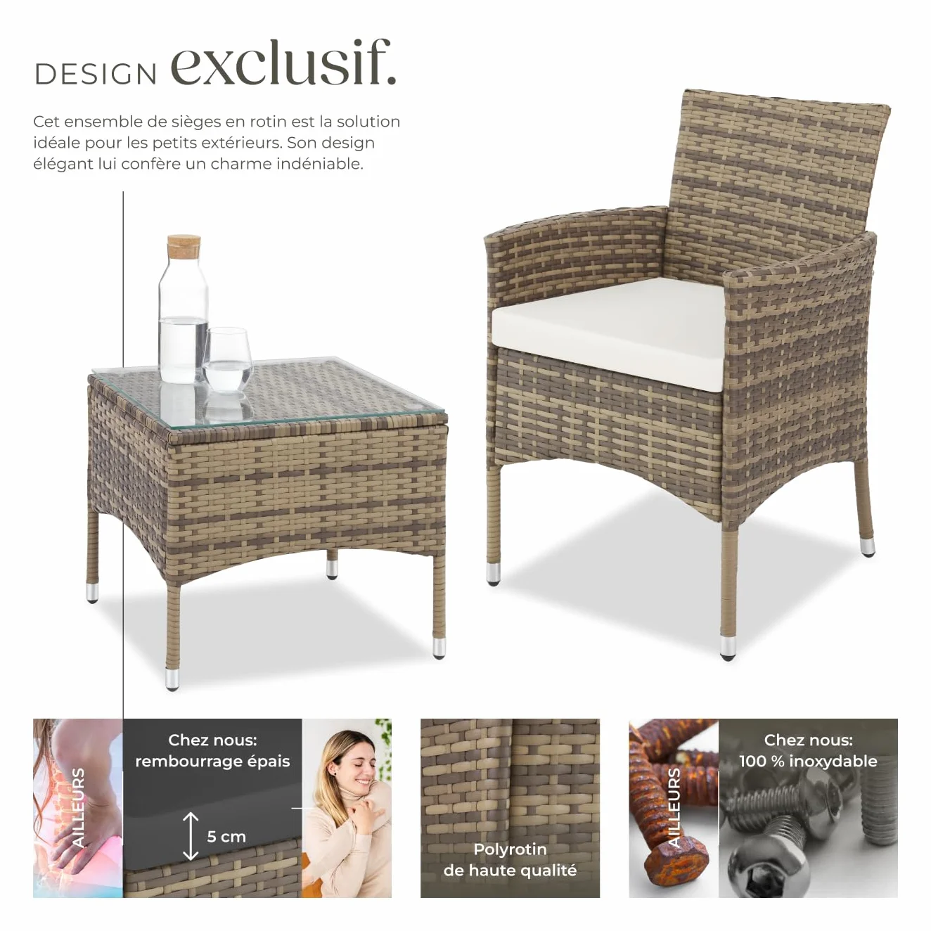 Ensemble Salon de Jardin Extérieur en Poly Rotin 2 Personnes Fauteuil Table avec Coussins Amovibles