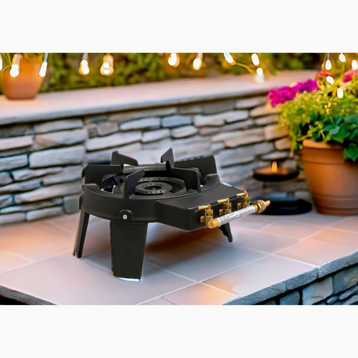 INTEC - Réchaud à gaz Professionnel TRIGLAV 9,8 KW | 2 Brûleurs en Fonte véritable | Kit Complet Pro & Camping avec 4 Pieds Stables et Tuyau Flexible 1,50m.
