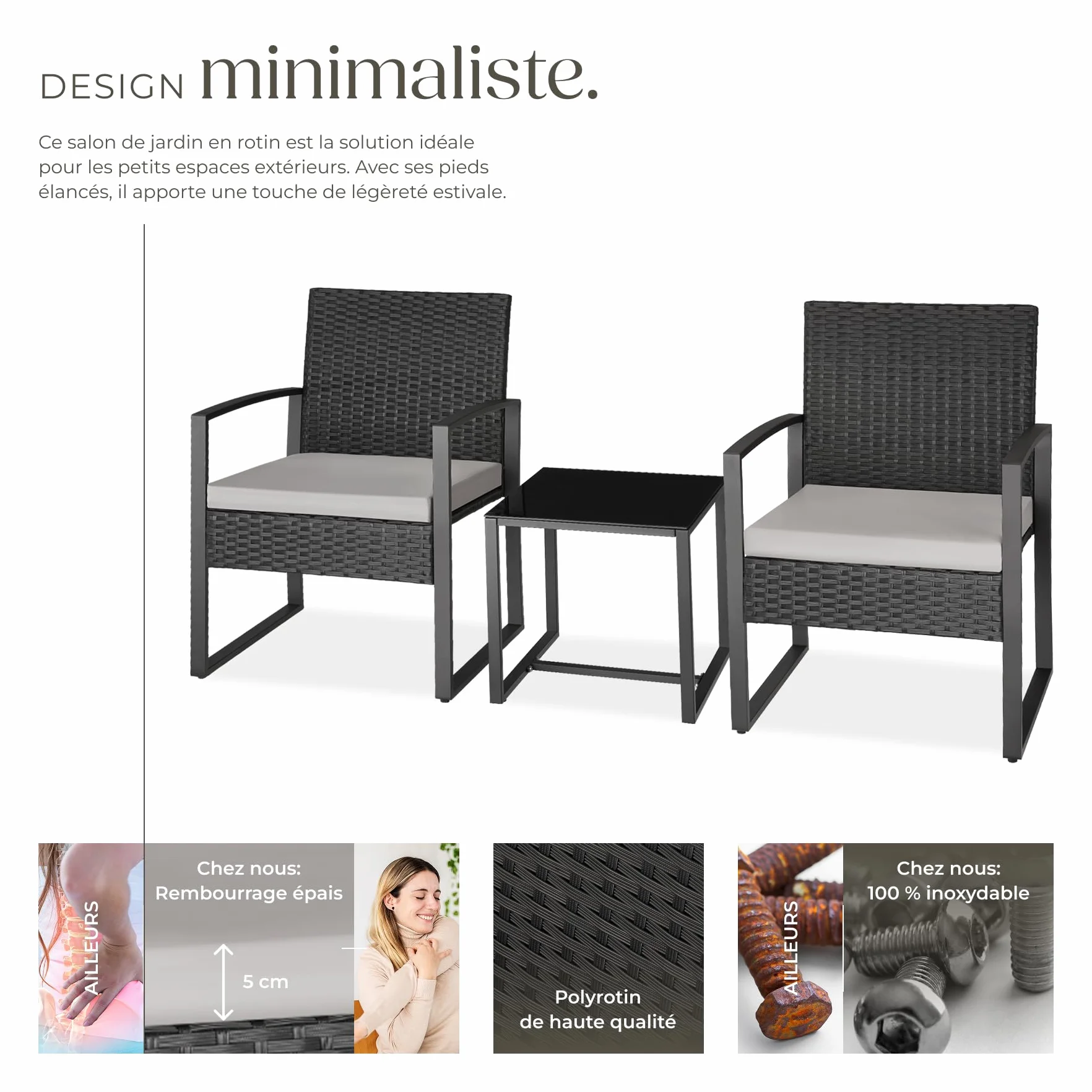 Tectake Ensemble Salon de Jardin Exterieur 2 Chaise Table Jardin Poly Rotin Acier Noir