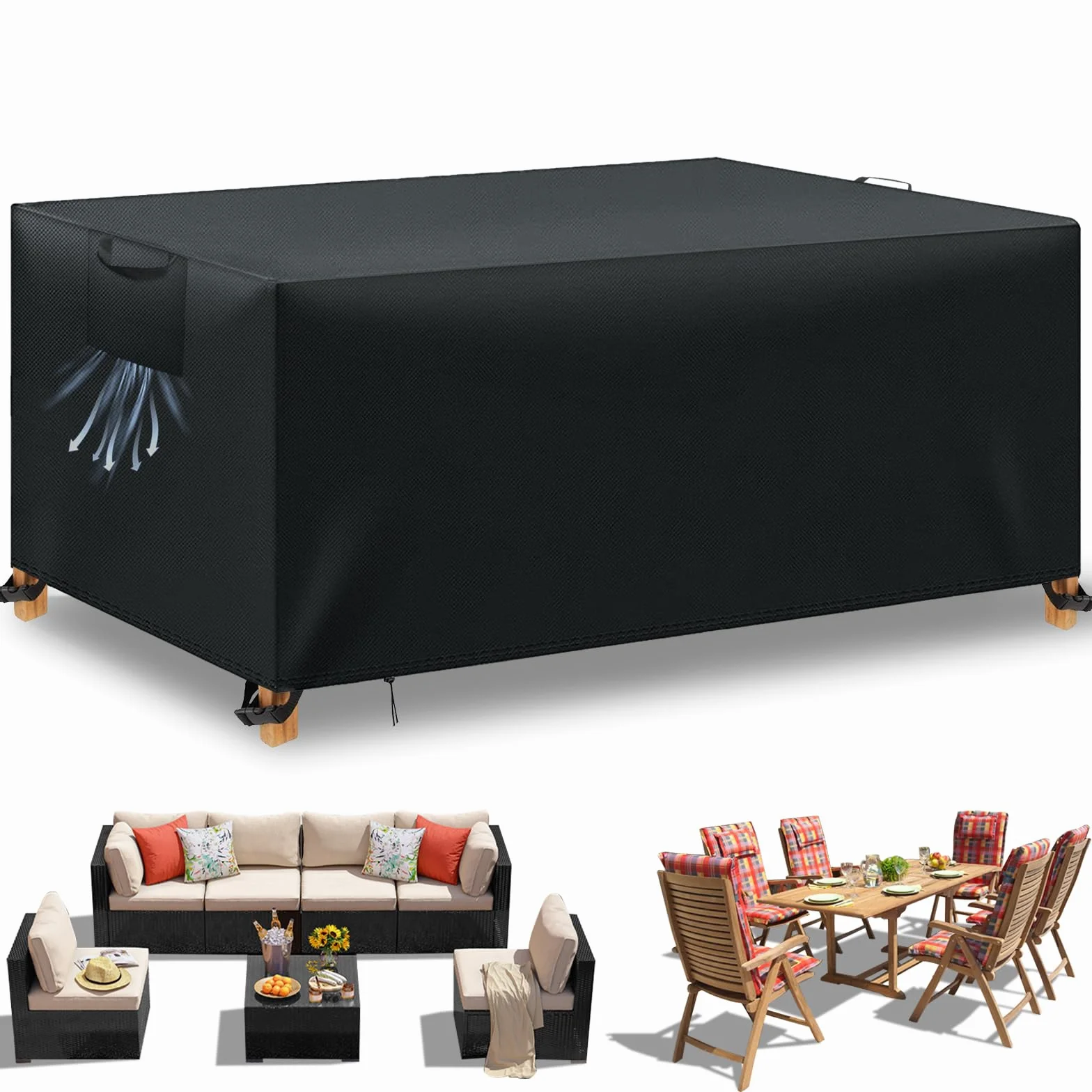 Housse Table de Jardin, Housse Salon de Jardin Exterieur, Housses pour Mobilier de Jardin Imperméable Anti-UV, 420D Tissu Oxford Housse de Protection Salon de Jardin, Noir, 180x120x74 cm