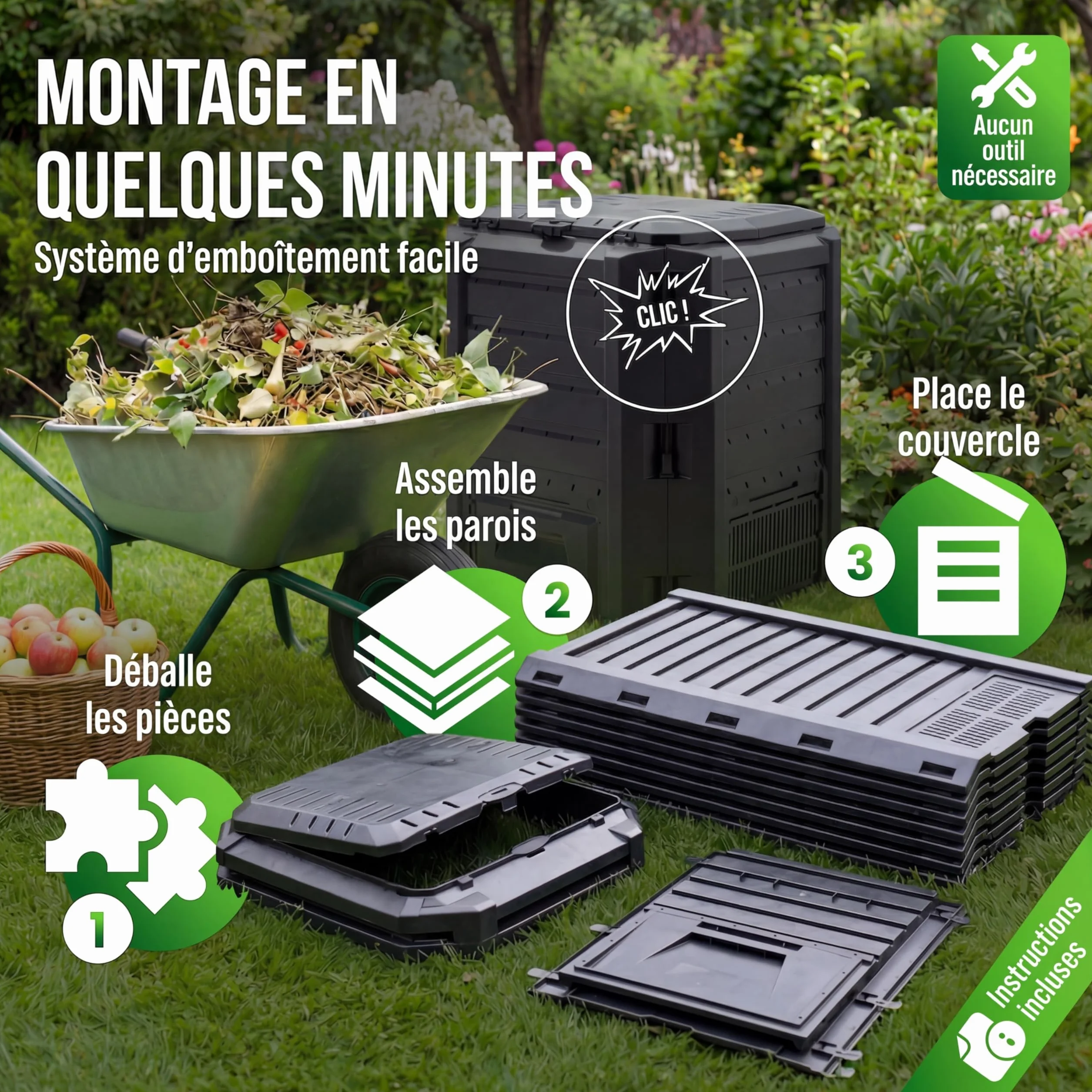 Composteur de Jardin 800 L Plastique Noir avec Couvercle et Trappe d'extraction