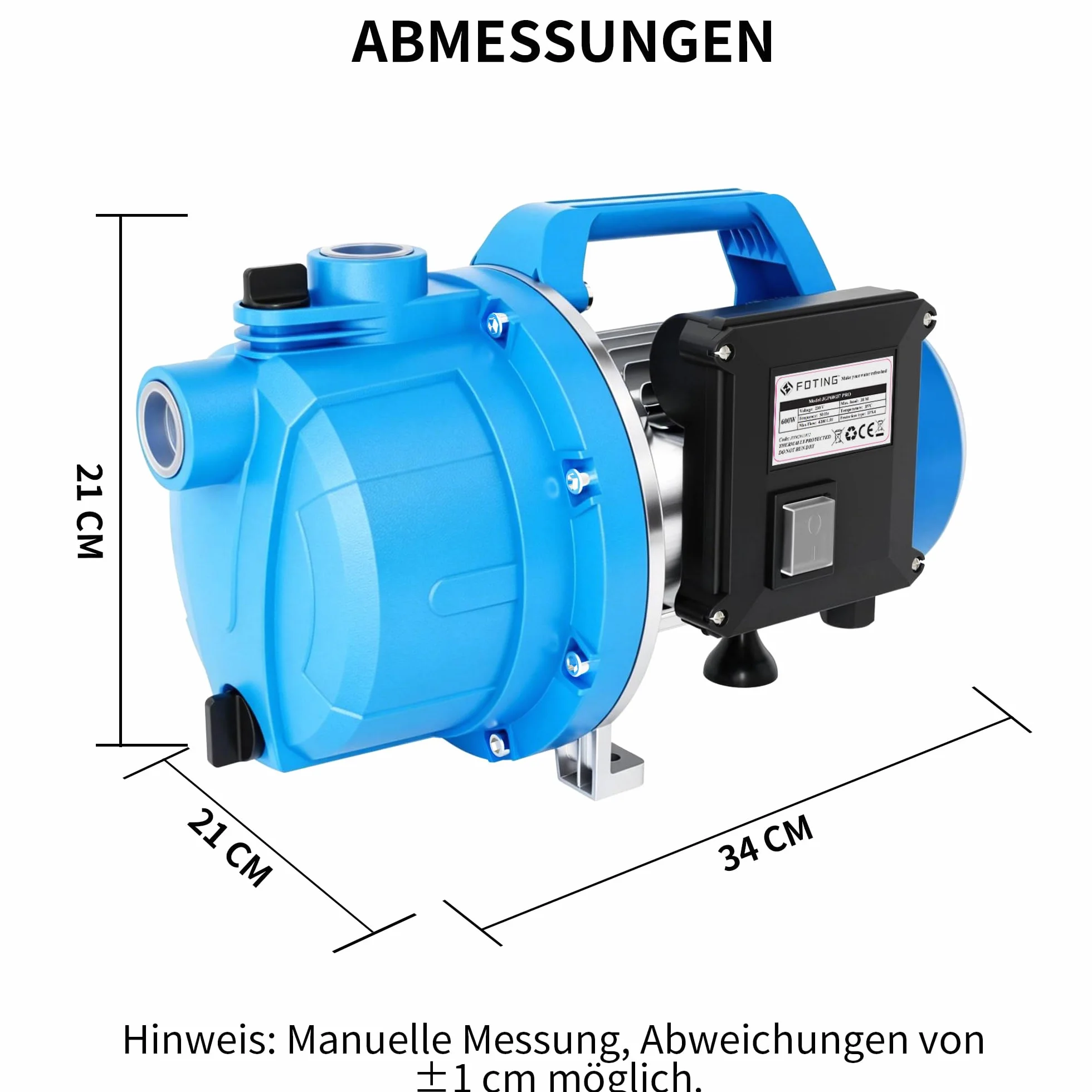 FOTING Pompe de jardin 4200 L/h 600 W HMT 38 m 4,5 bar Aspiration 7 m Raccord G1"