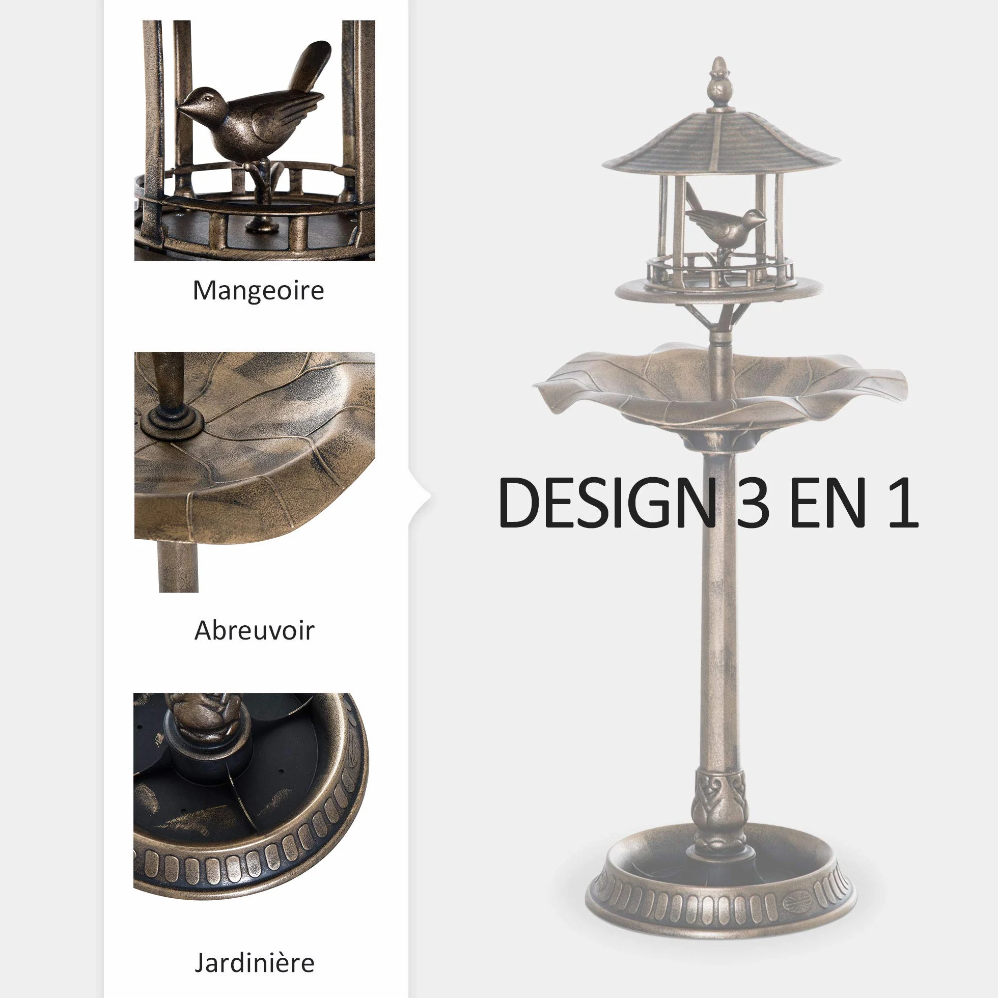 Outsunny Bain d'oiseaux Abreuvoir pour Oiseaux 3 en 1 Ø 50 x 113 cm Polypropylène Bronze Antique