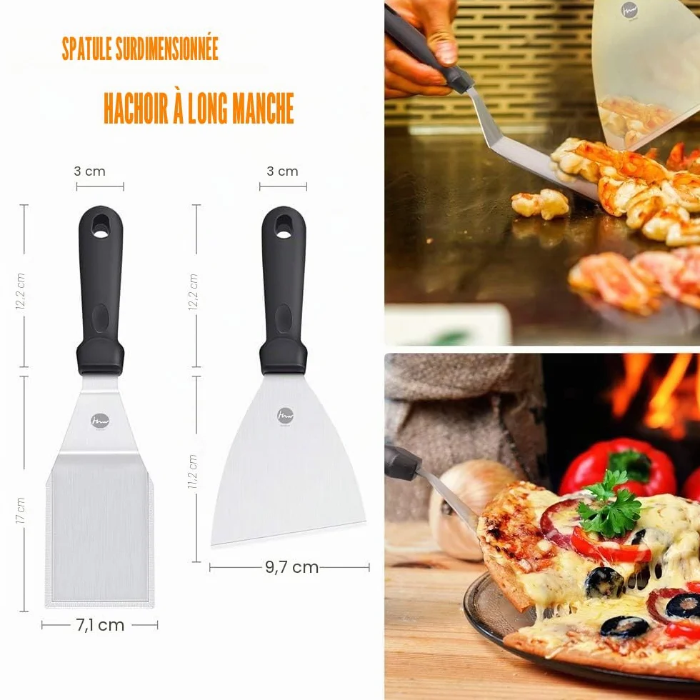 Ensemble de Spatule en Acier Inoxydable, Accessoires pour Plaque Chauffante BBQ Professionnelle, Spatule Plancha Teppanyaki