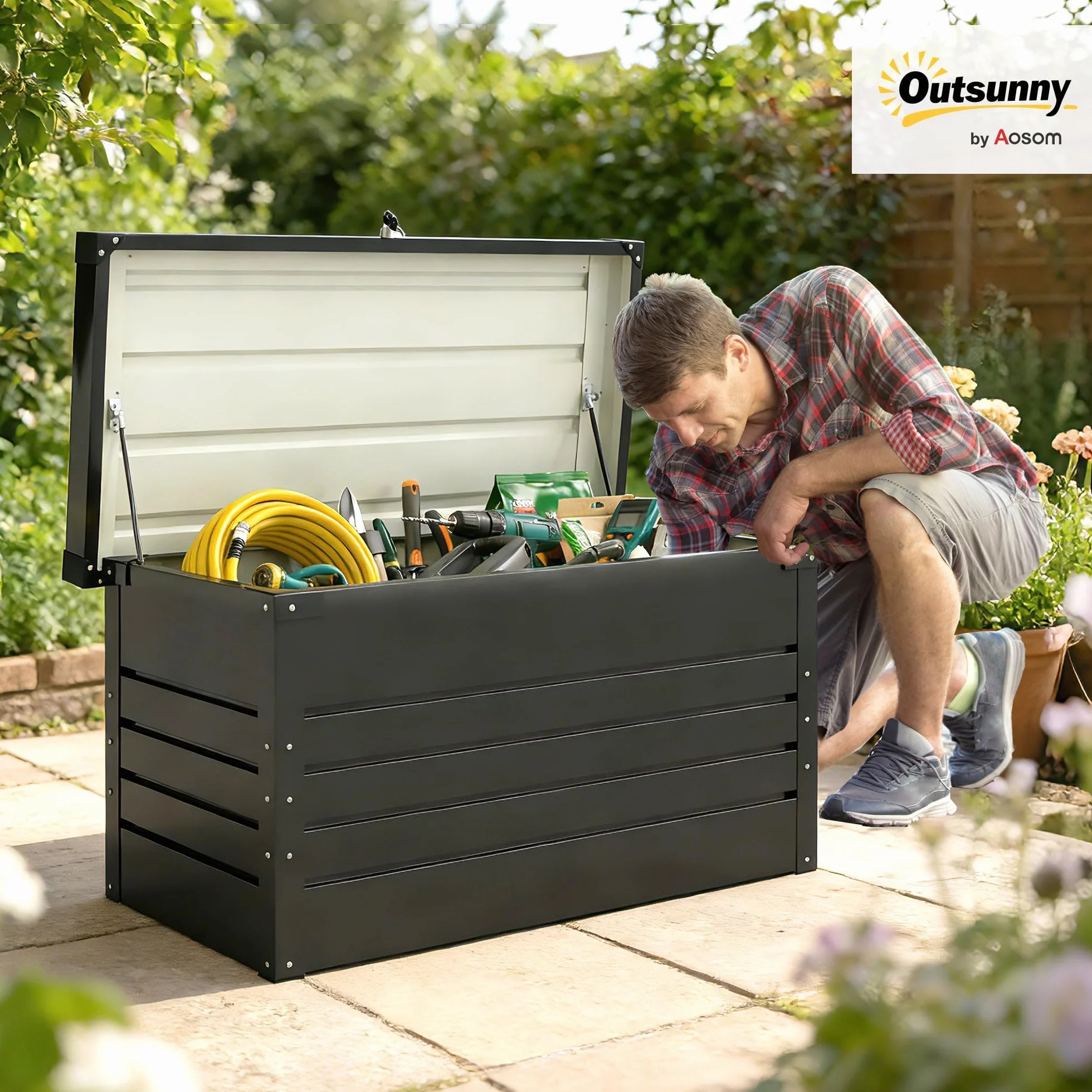 Outsunny Coffre de rangement métal 350L acier galvanisé étanche double vérins gaz verrouillable gris anthracite