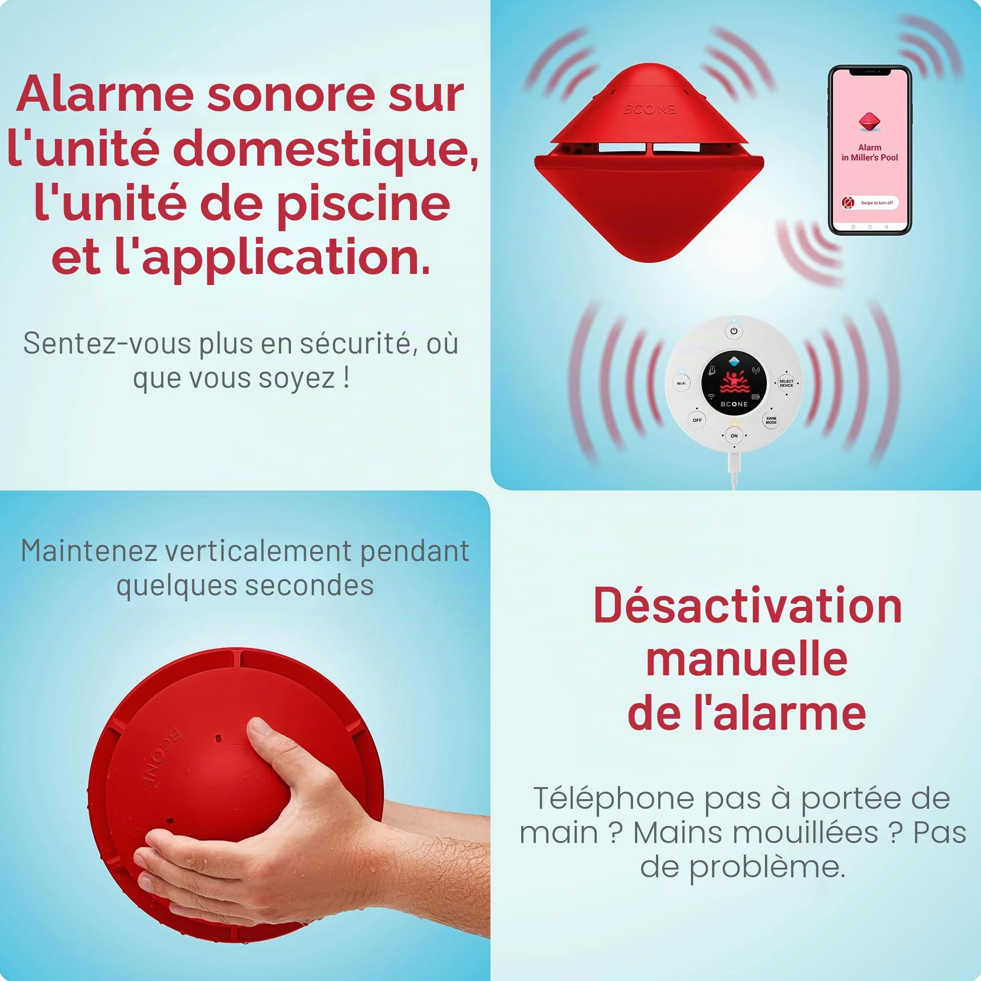 BCone Alarme de Sécurité pour Piscine Flottante Connectée, Sirène Puissante, Application Mobile, Détection de Chute, Protection Enfants et Animaux, Installation Rapide