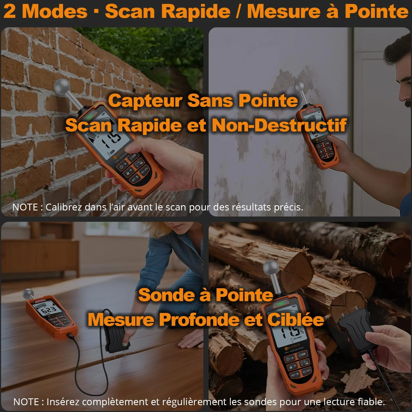 Neoteck Testeur Humidité 2 en 1 à Sondes Sphérique et à Aiguilles ±2.5% pour Bois Béton Humidimètre Numérique LCD