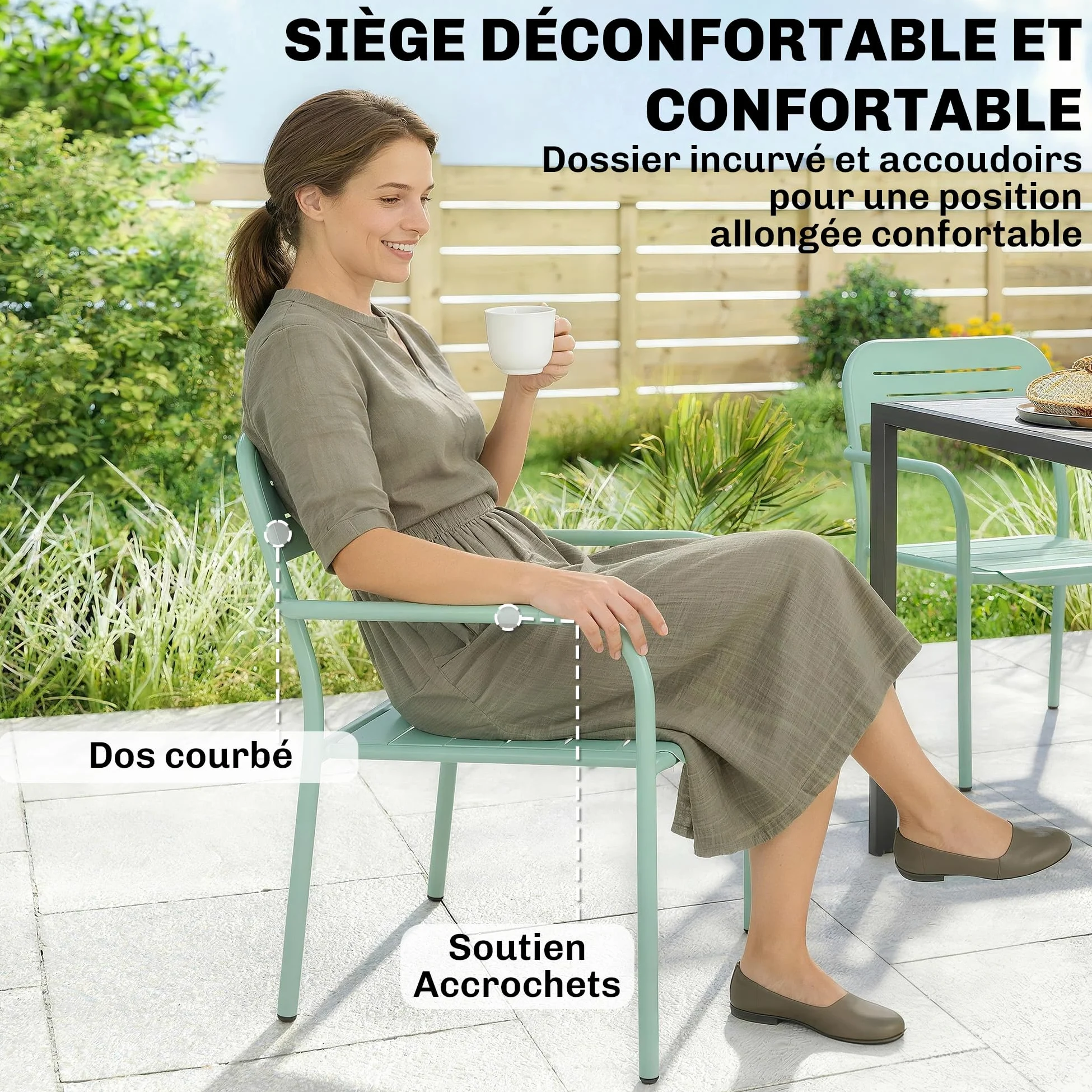 Outsunny Lot de 2 Chaises de Jardin Métal Antirouille - Fauteuil Salon Extérieur Empilable Résistant aux Intempéries avec Accoudoirs - Meuble pour Aménagement Balcon Terrasse et Bistro, Vert