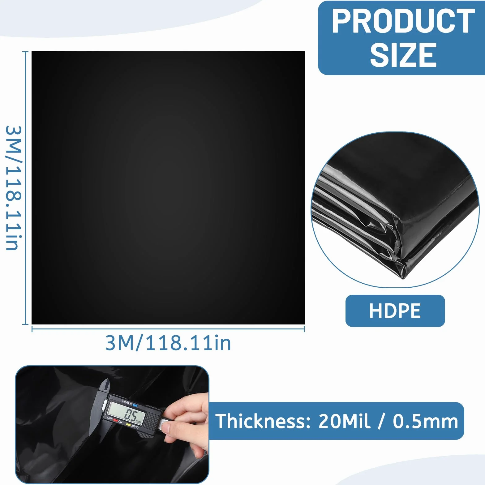 Bâche pour Bassin PEHD 3x3m Noir 0,5mm Épaisseur Résistante aux UV