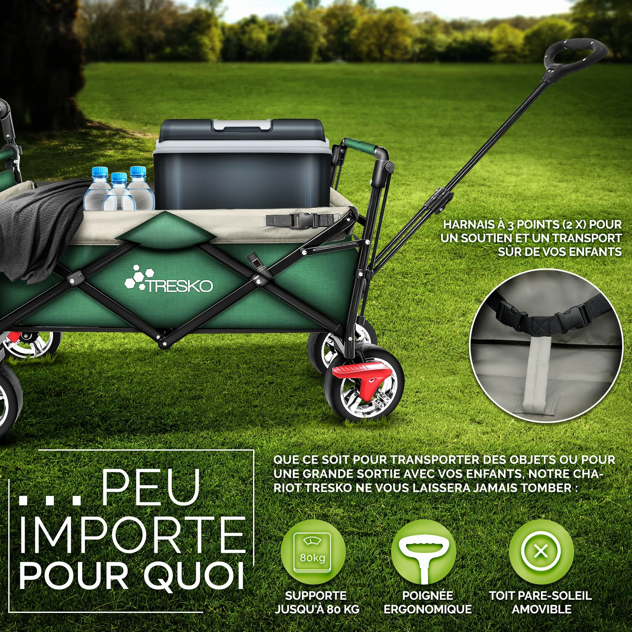 TRESKO Chariot de Transport Pliable avec Sac Isotherme et Frein pour Plage et Jardin