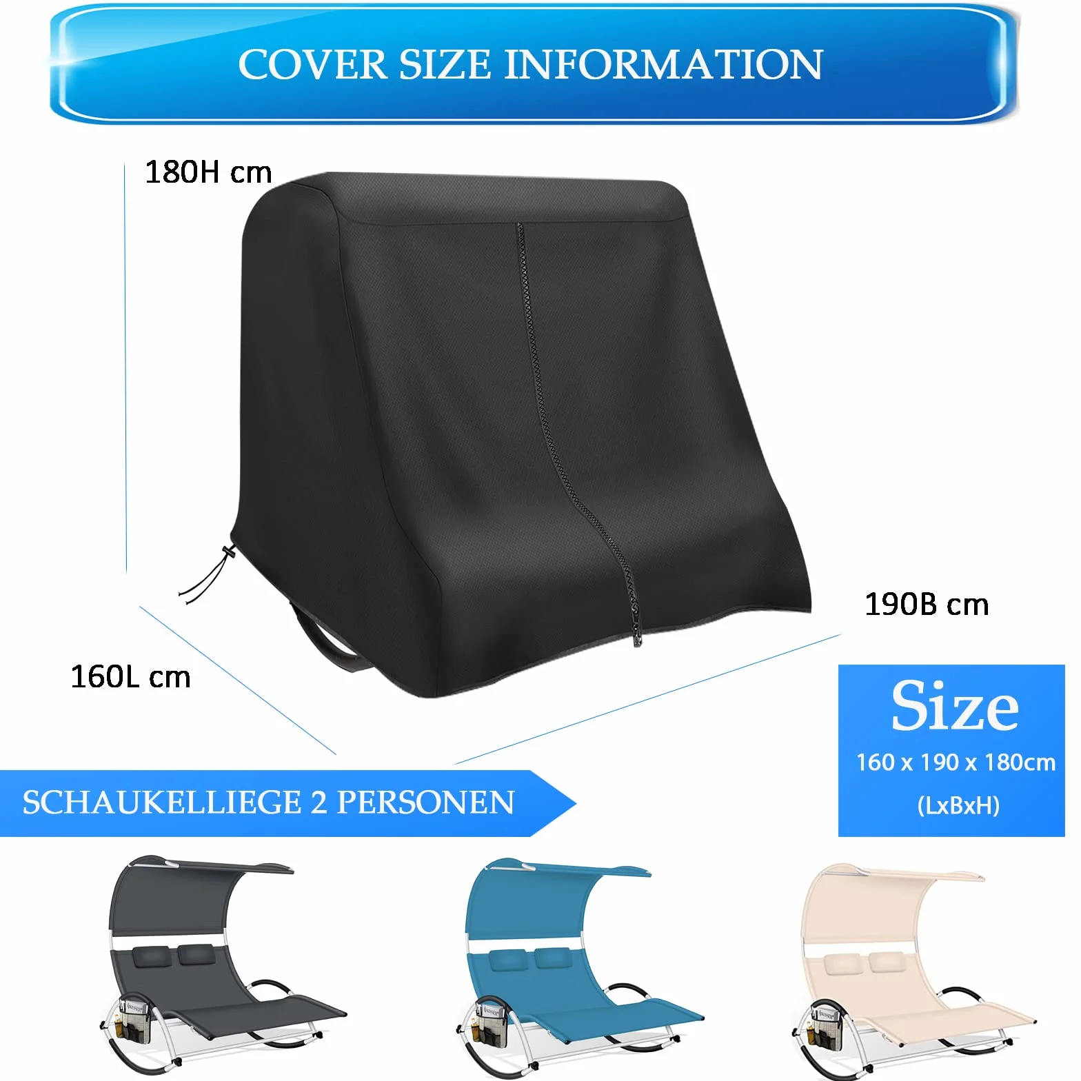 Housse de Chaise Longue Bain de Soleil 2 Places 160×190×180cm 420D Imperméable
