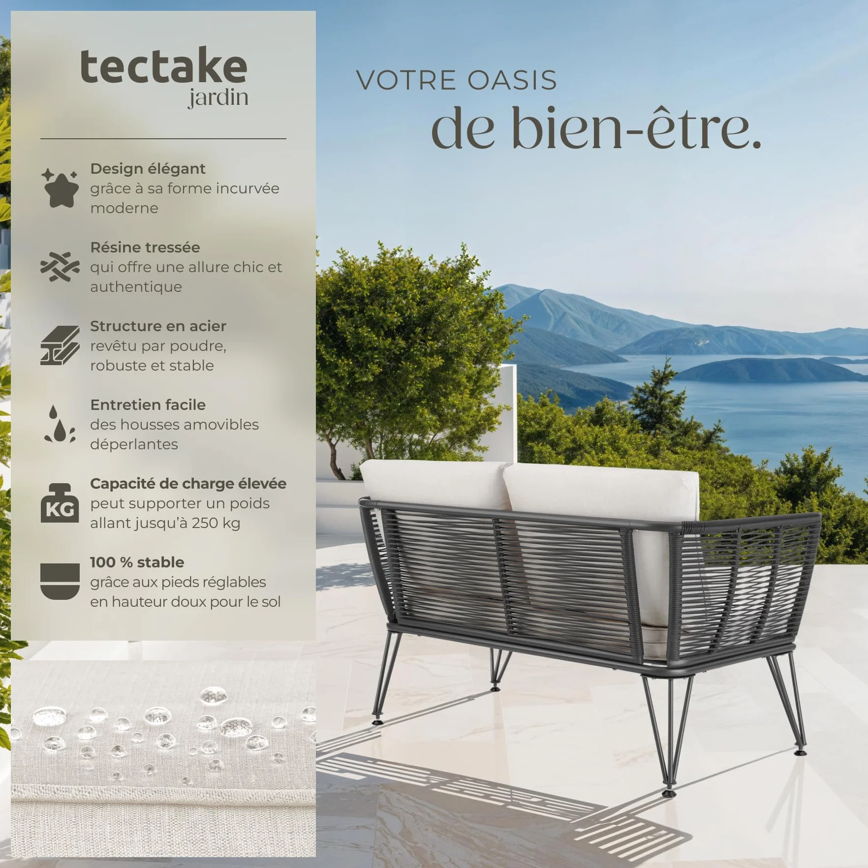 tectake® Canapé 2 Places Salon de Jardin Exterieur en Résine tréssée Salon Exterieur, Banquette de Jardin Coussins Inclus, Amenagement Balcon Terrasse Veranda Patio Maison