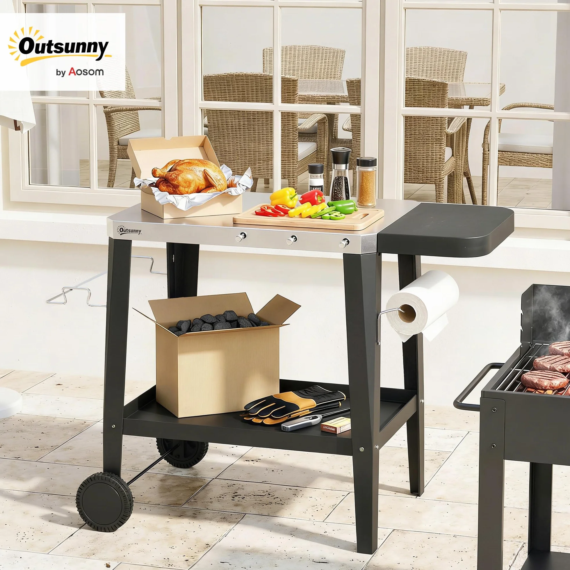 Outsunny Chariot de Barbecue 2 Niveaux Mobile Acier Inoxydable Table Latérale Pliable Roulettes 115x67,5x80,5 cm Noir