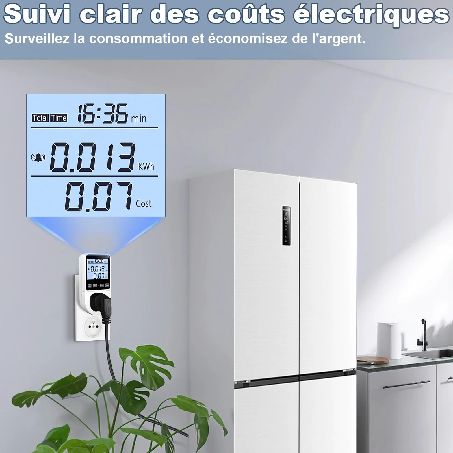 Wattmètre Prise Compteur d'Énergie 8 Modes, Écran LCD Rétroéclairé, Alarme Surcharge 3680W