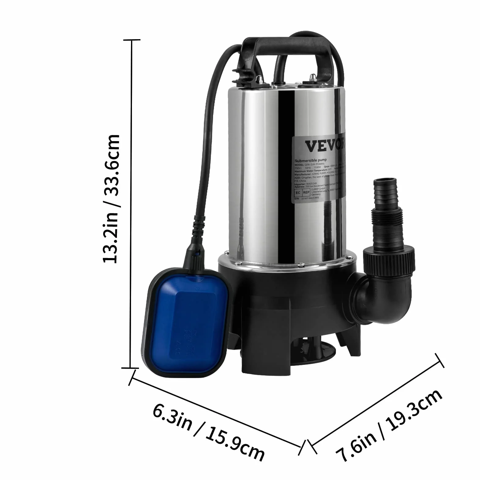 VEVOR Pompe de Relevage Eaux Chargées 1100 W 333,3 L/min Immergée