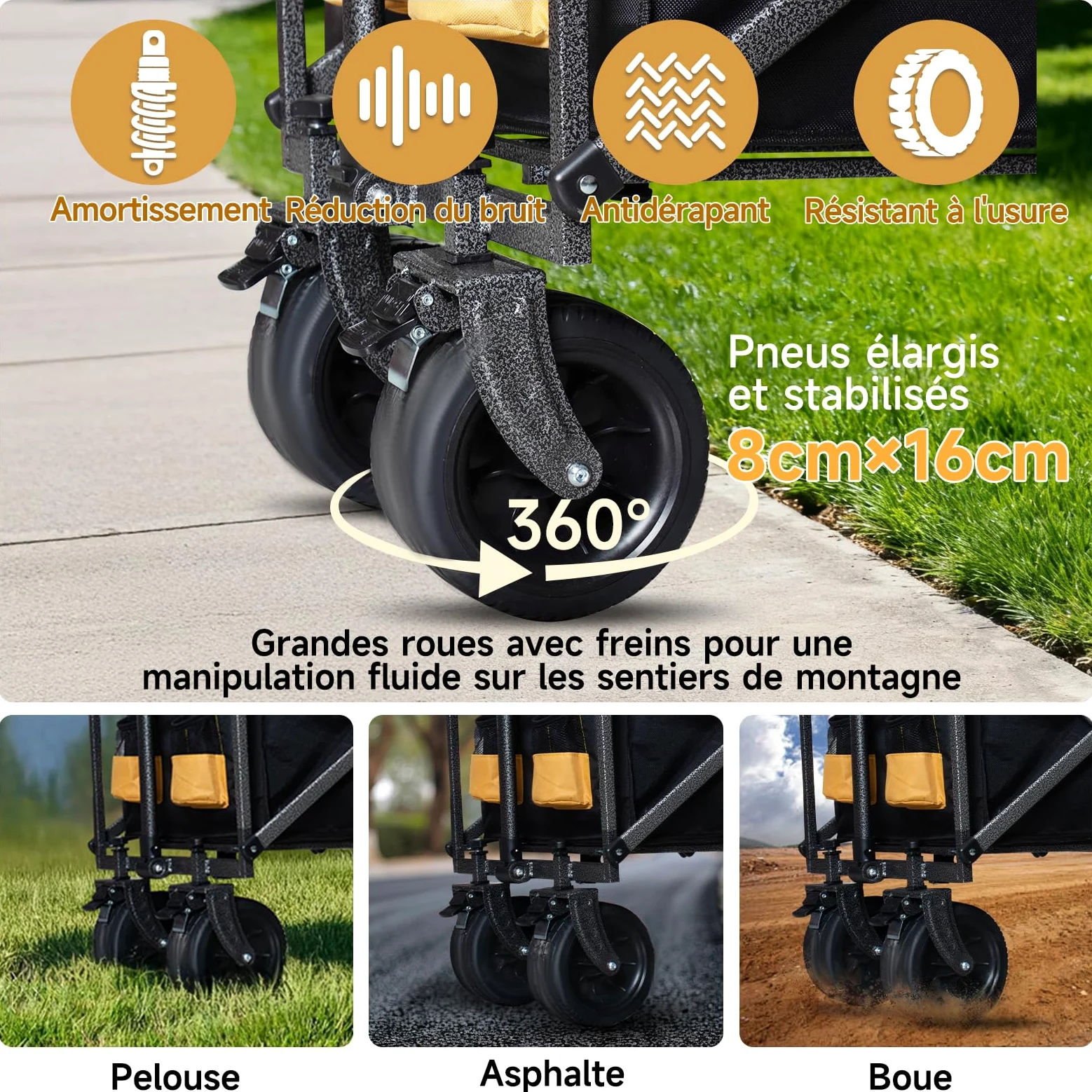 Chariot Pliable avec Roues Tout Terrain,Capacité de Charge 220 kg/270 kg, Chariot de Transport Multifonction pour Plage，Jardin, Camping, Pêche et Barbecue (Noir et Jaune, Grande Taille)