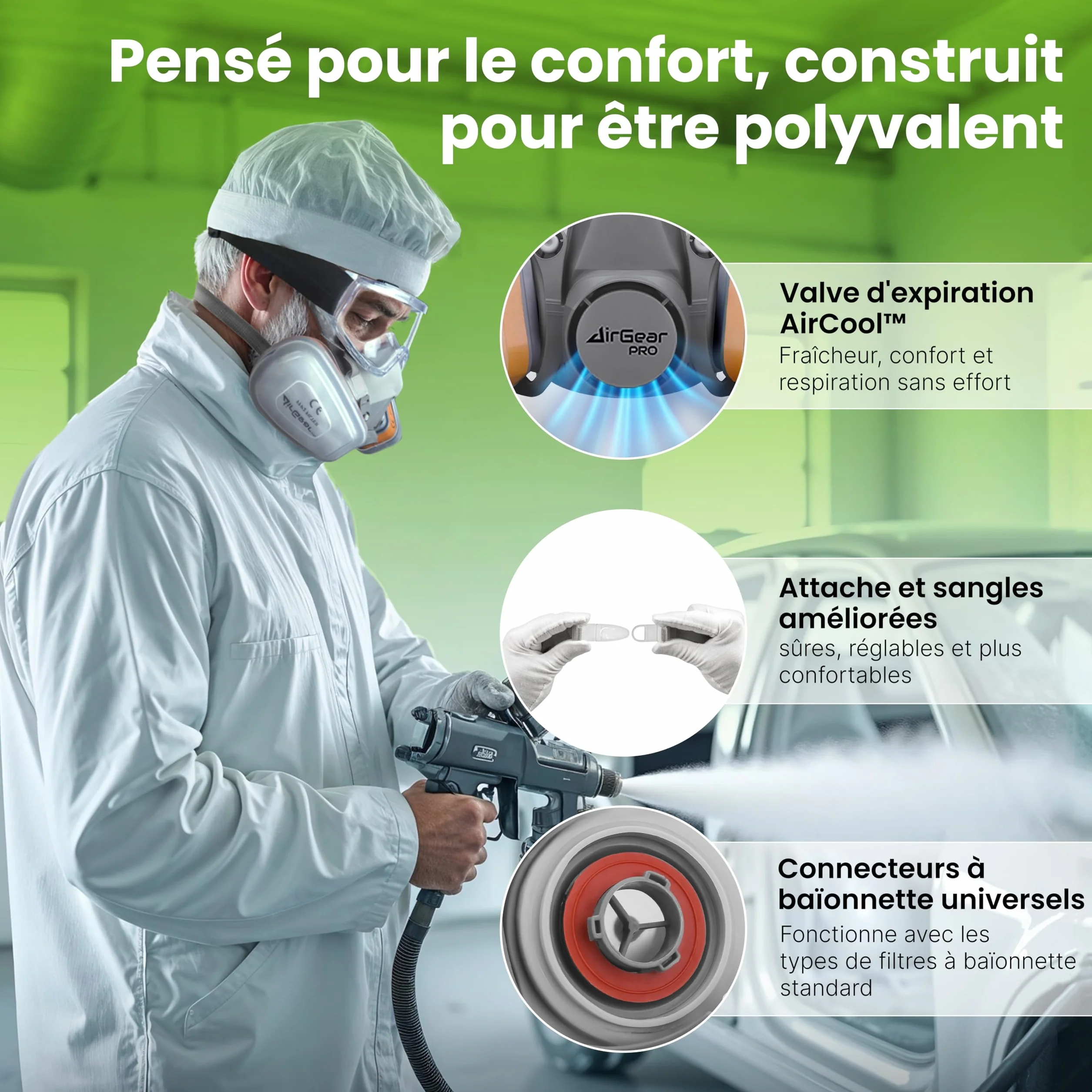 AirGearPro G-500 Masque de Protection Respiratoire Réutilisable Anti poussière Gaz avec Filtres et Lunettes de Protection