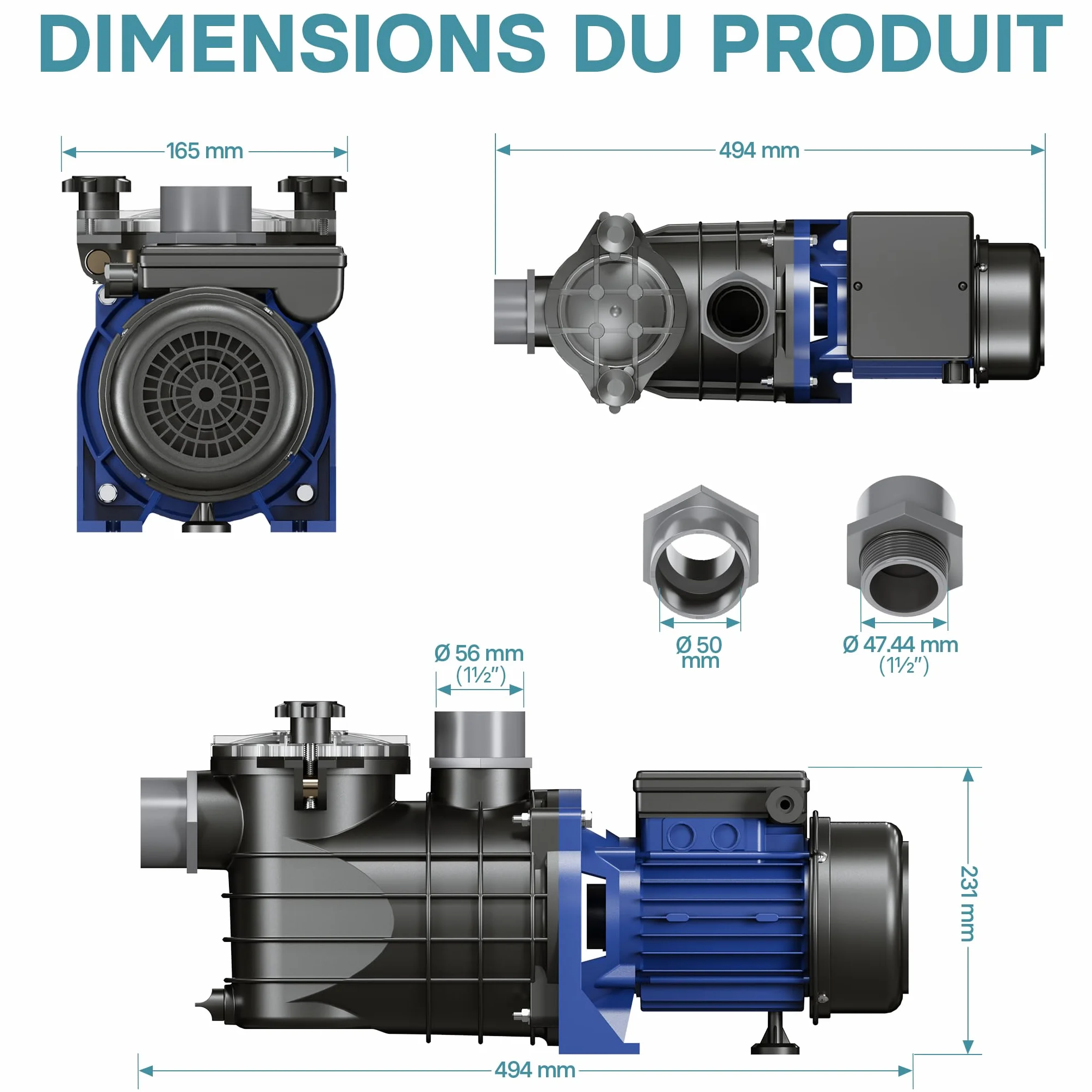 Pompe piscine 180 W Débit 10800 l/h Hauteur refoulement 8 m Filtration Eau