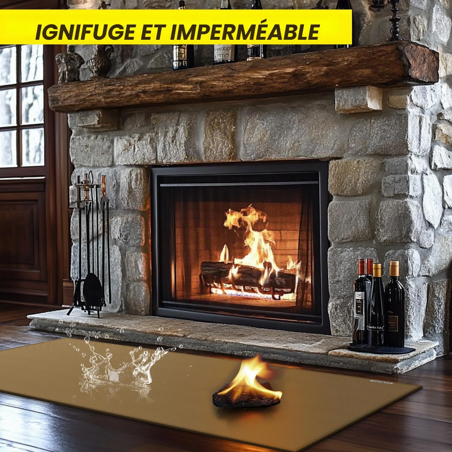 Tapis de cheminée ignifugé anti feu 105 x 60 cm Marron