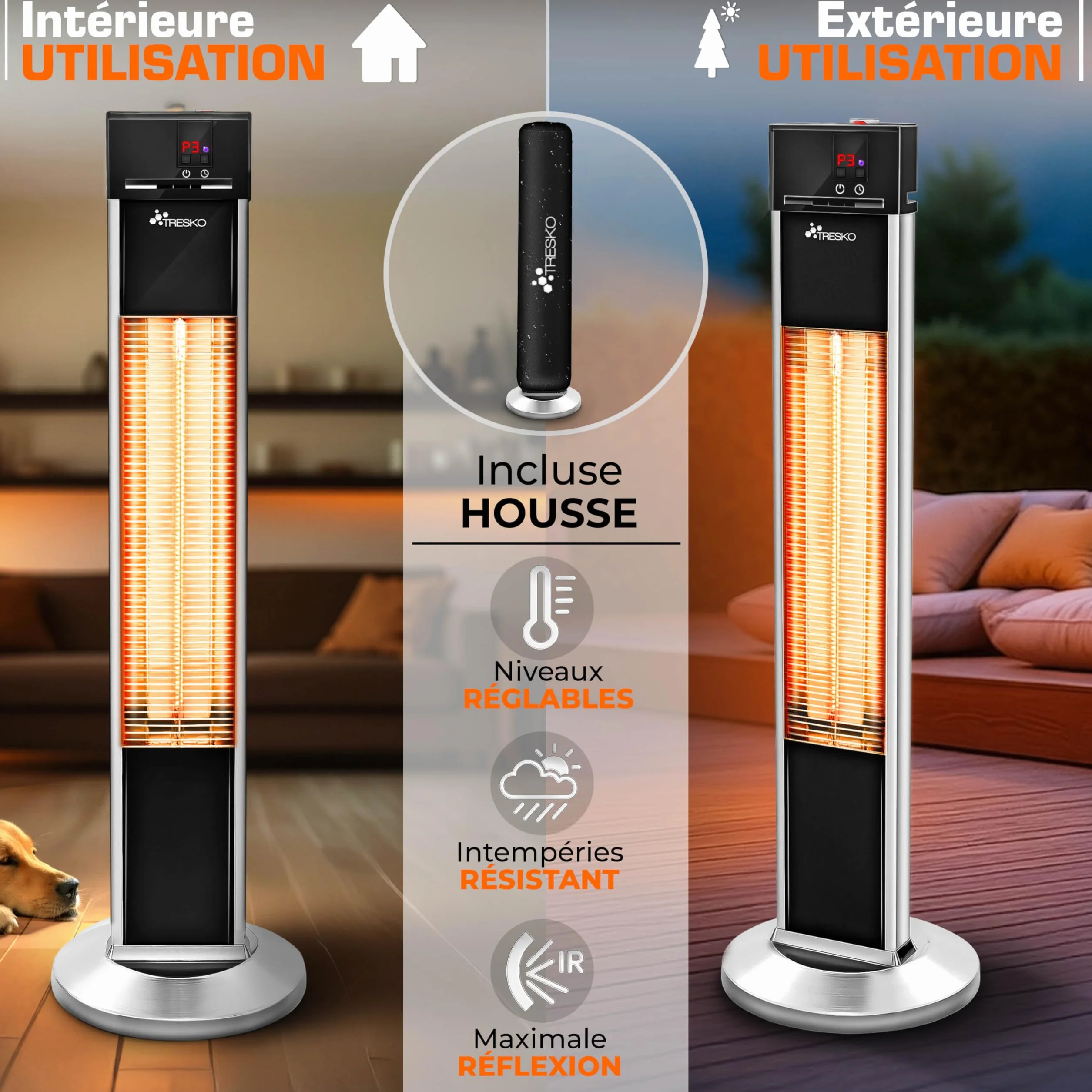 TRESKO Radiateur infrarouge sur pied 2000W | Chauffage radiant électrique intérieur extérieur avec télécommande