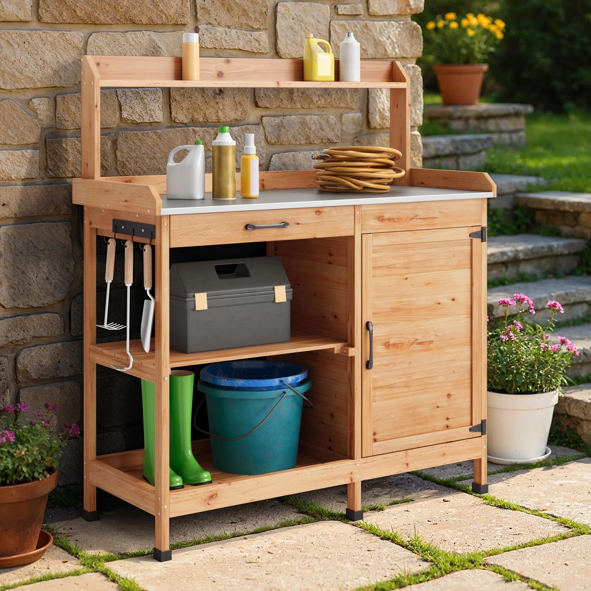 Table de Jardinage en Bois avec Plan de Travail Galvanisé 112x46x125 cm Naturel